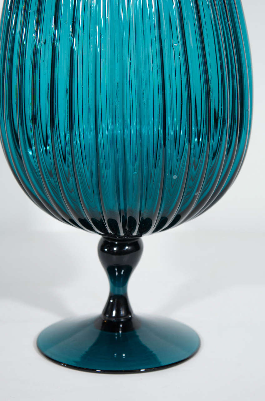 Exquisite Midcentury, Fluted Art Glass Vase in Teal at 1stDibs