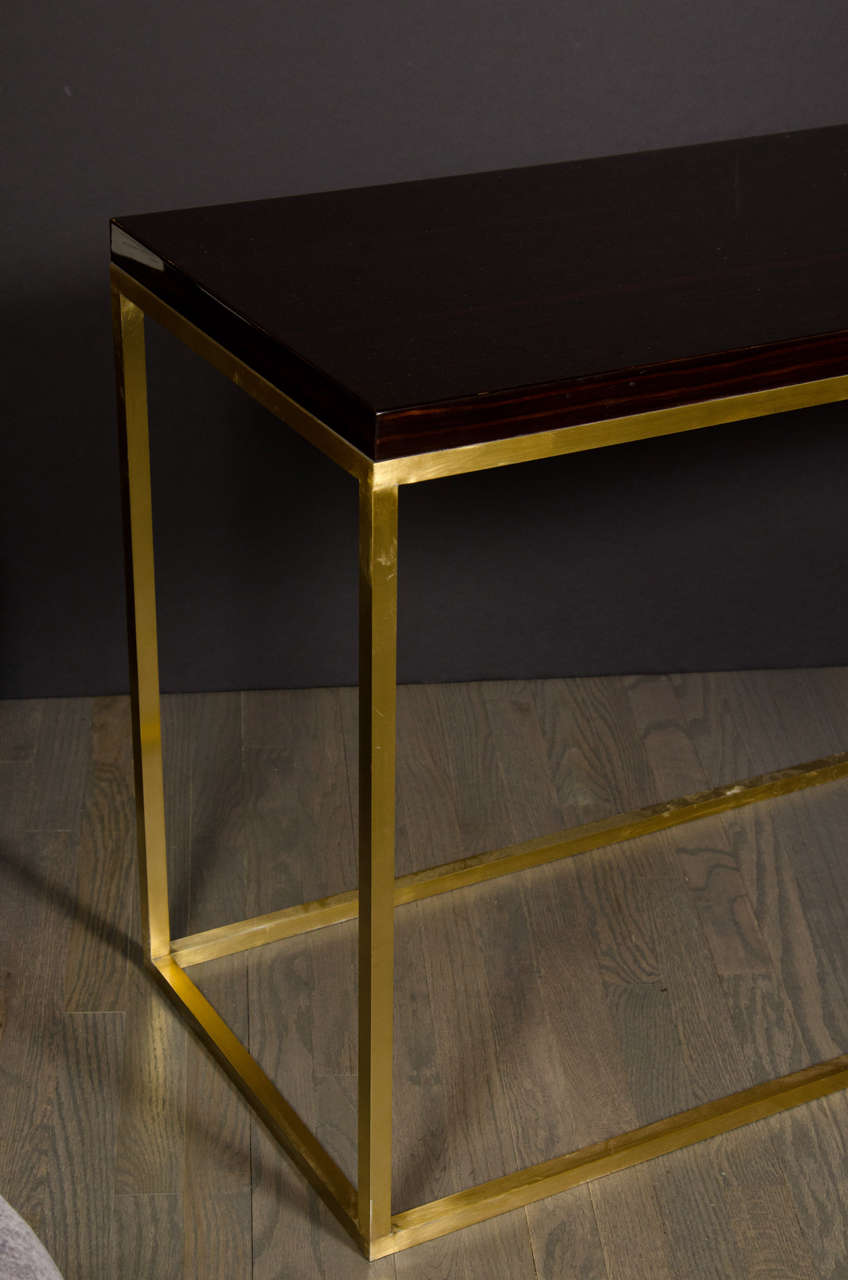 French MidCentury Modern Brushed Brass and Macassar Console Table at