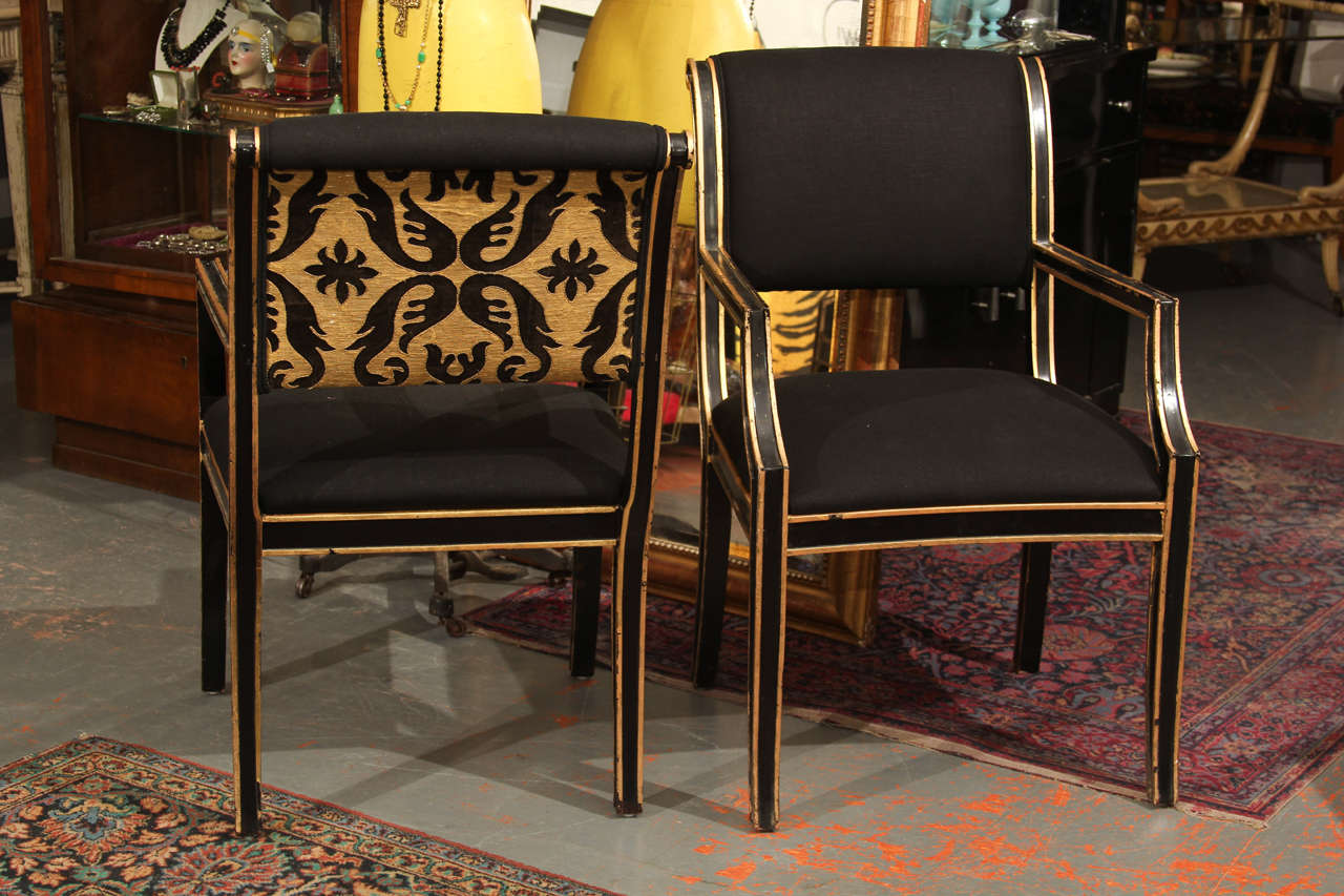 6 Handsome Chairs In Black Linen For Sale at 1stdibs