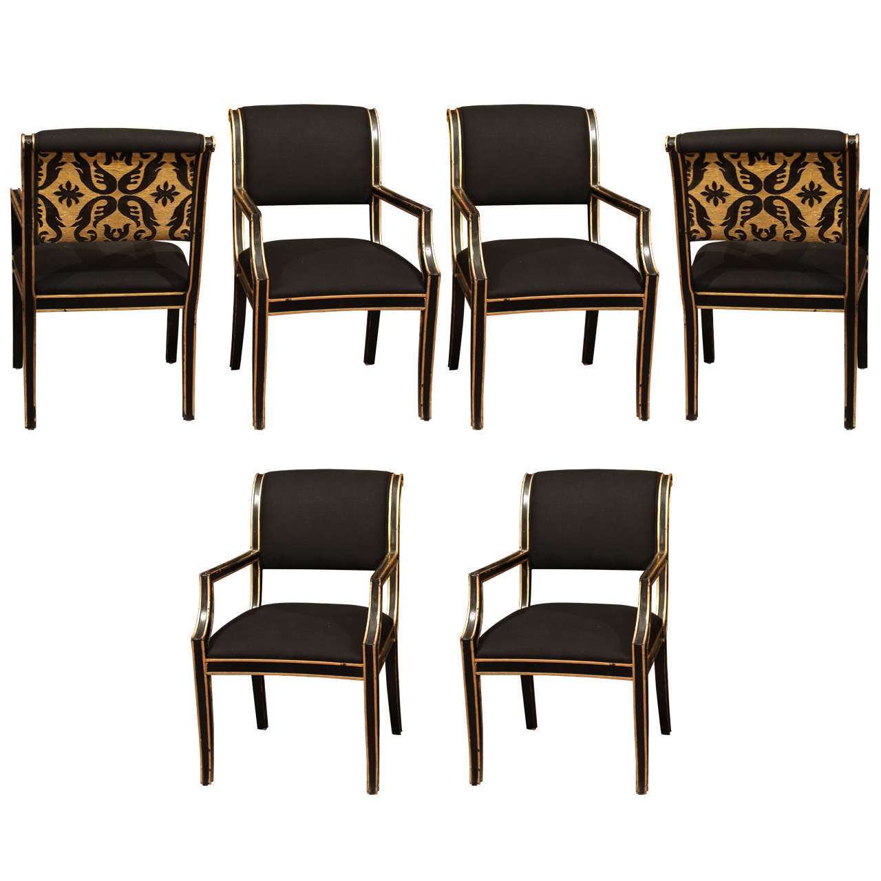 6 Handsome Chairs In Black Linen For Sale at 1stdibs
