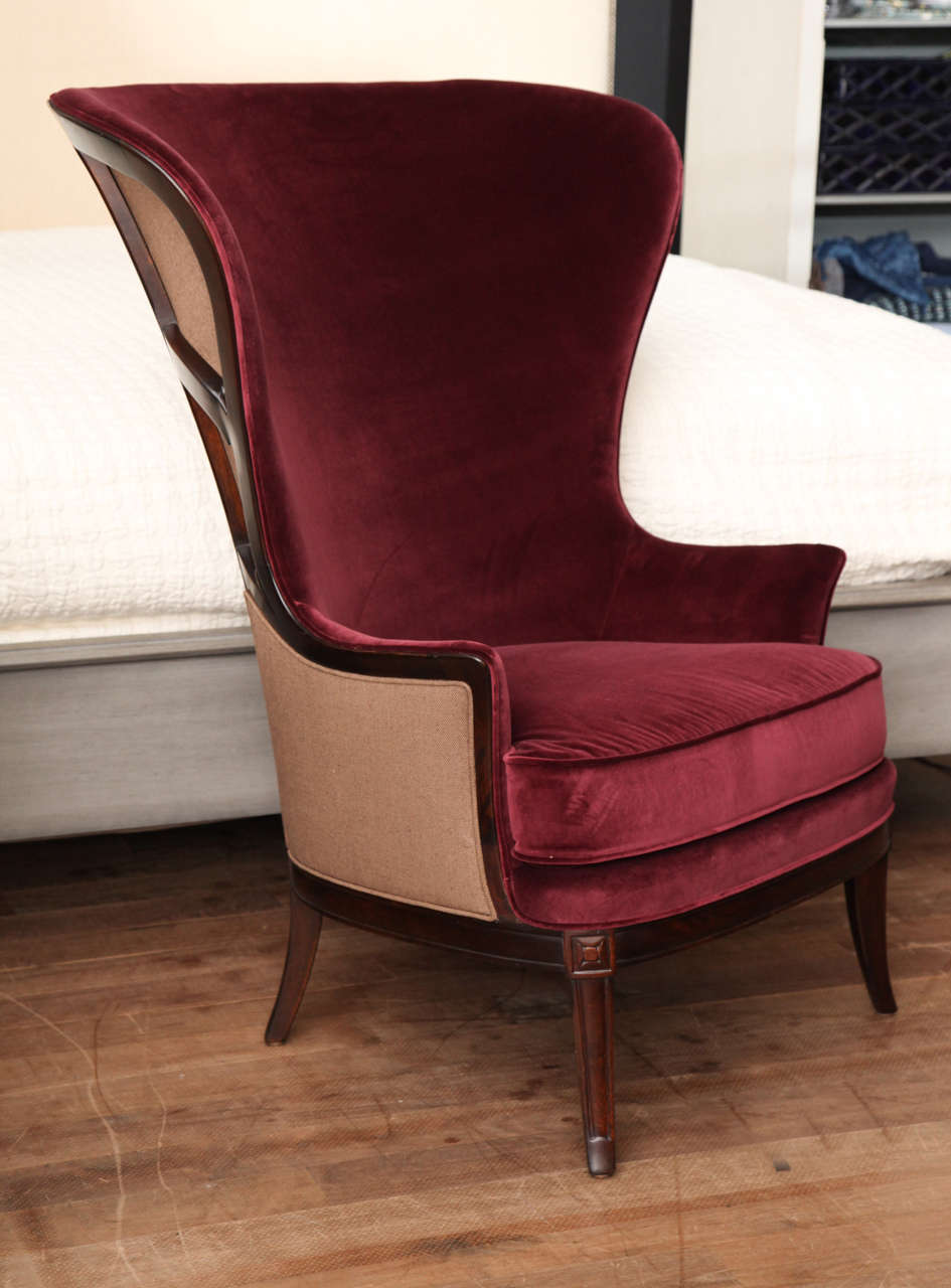 Red Velvet Wing Chair, circa 1930 at 1stdibs