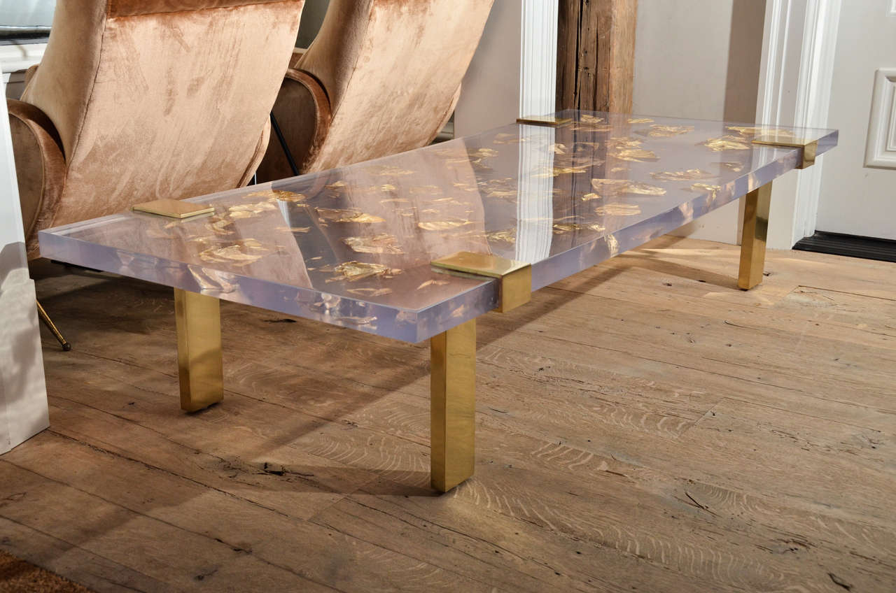 Contemporary Gold Leaf Inlay Coffee Table with Brass Frame at 1stDibs