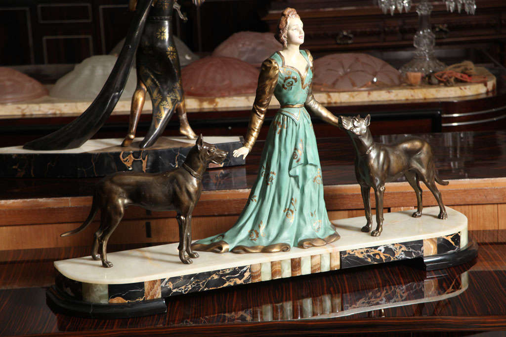 French Art Deco Sculpture, Deco lady w/ Dogs, signed "Limousin" at 1stdibs