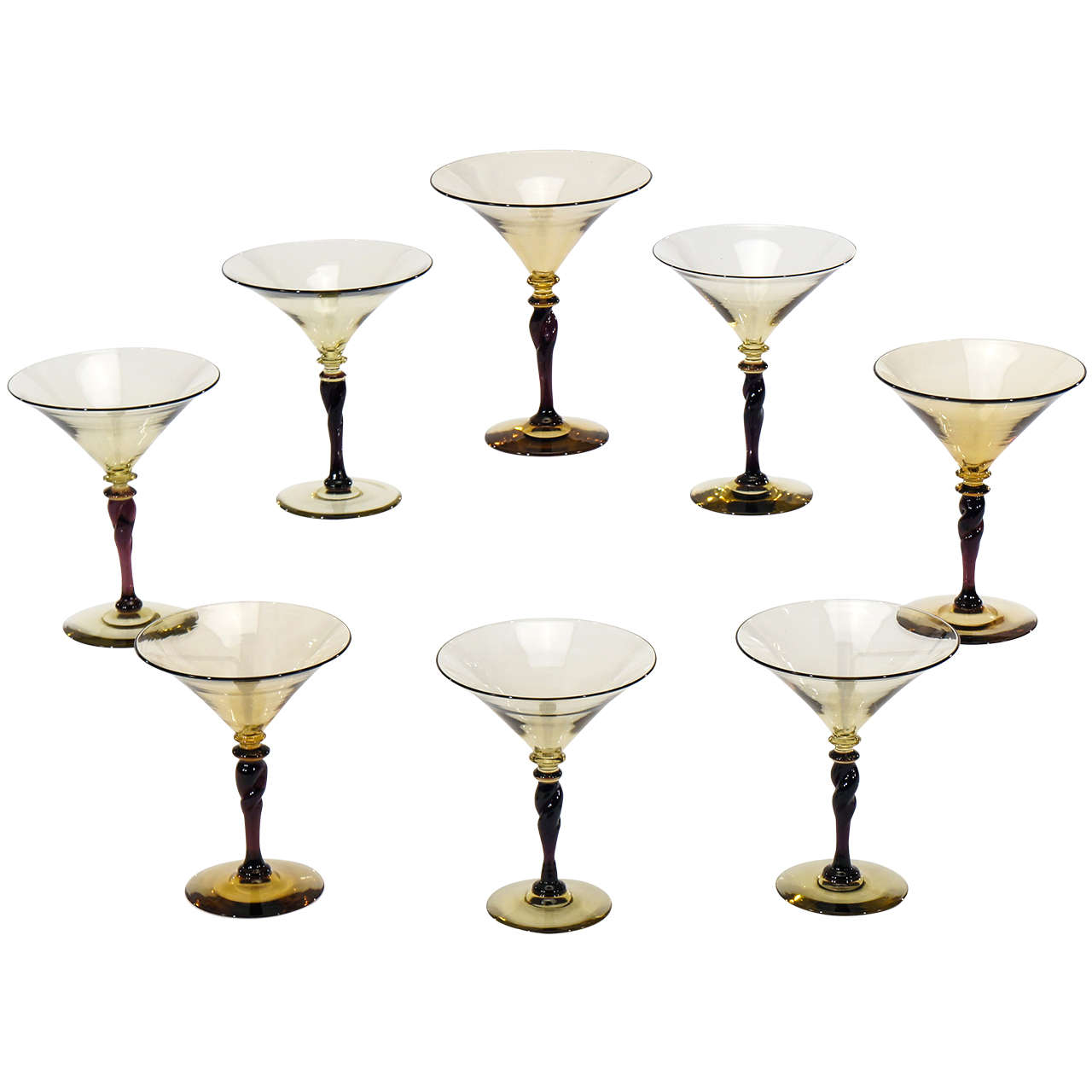 Set of 8 Signed Steuben Art Deco Amethyst and Topaz Handblown Martini