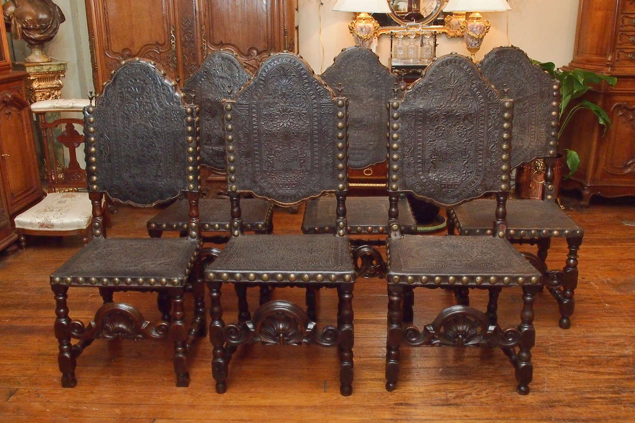 Set of 12 Antique Gothic Style Oak and Leather Dining Chairs at 1stDibs