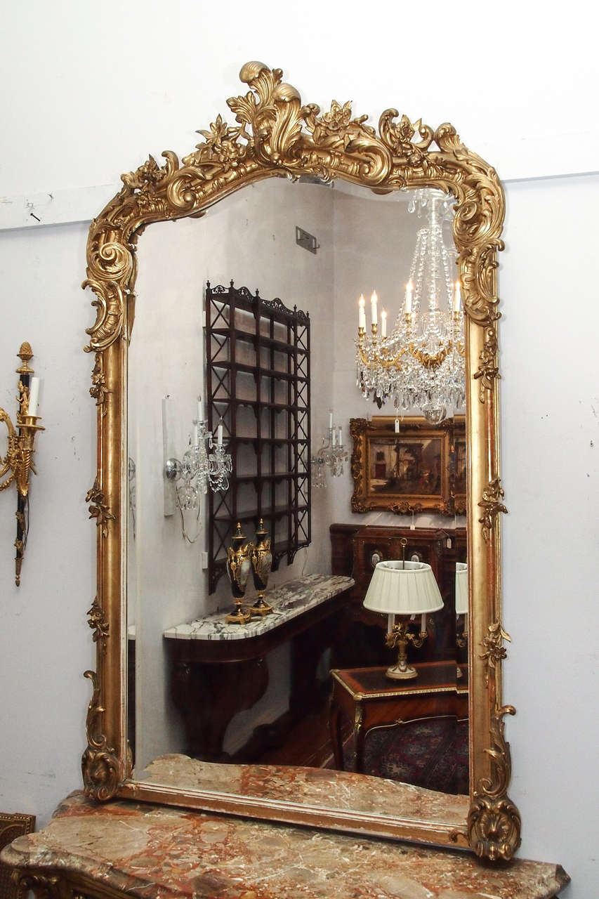 Antique French Louis XV Fine Gold Leaf Beveled Mirror at 1stDibs
