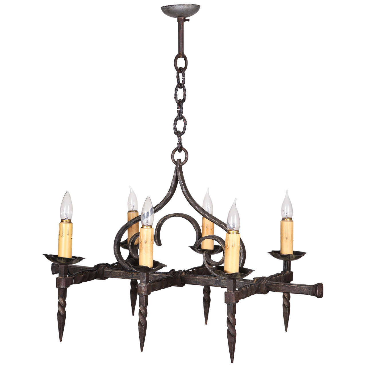 Six Candle Wrought Iron Chandelier from Belgium For Sale at 1stDibs