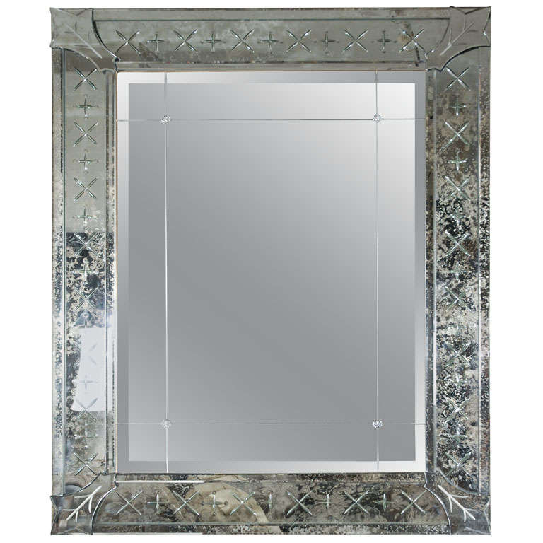 Scandinavian Modern Hand and Acid Etched Frame Mirror For Sale at 1stDibs