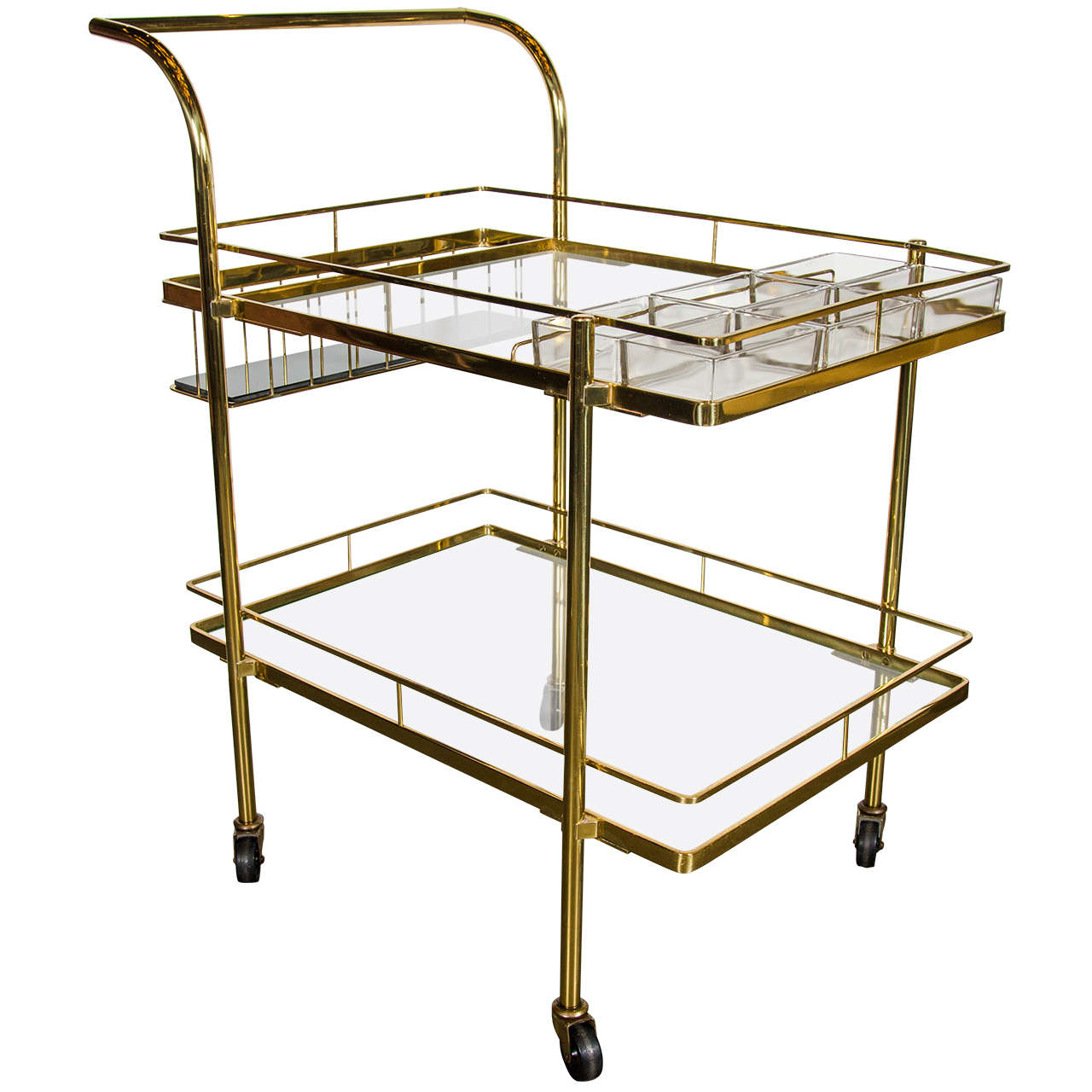 Sophisticated MidCentury Modern Bar Cart in Brass with Glass Shelves