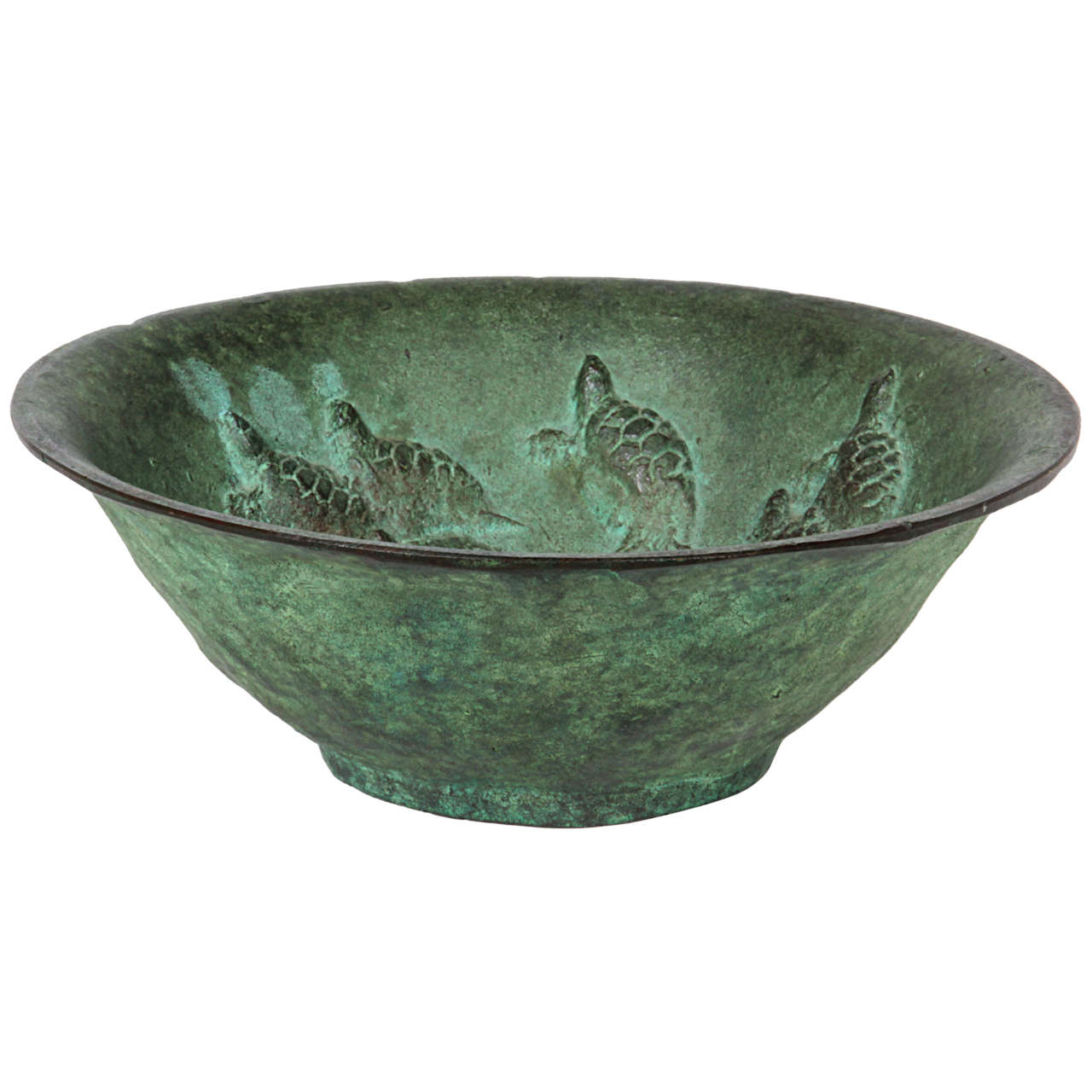 E. T. Hurley Arts and Crafts "Swimming Turtles" verdigris bronze bowl