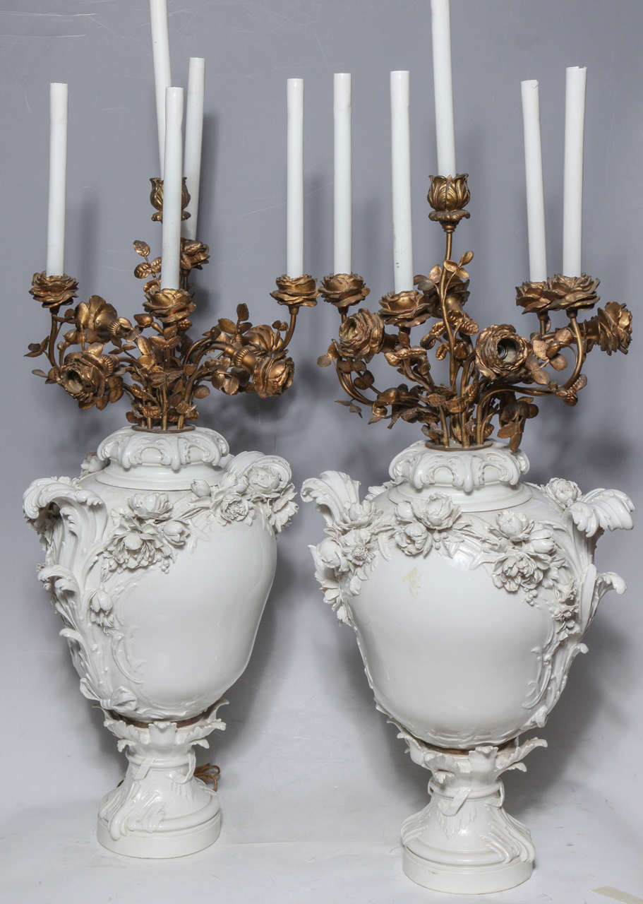 Pair of Rococo KPM Porcelain Vases Candelabras with Bronze Ormolu