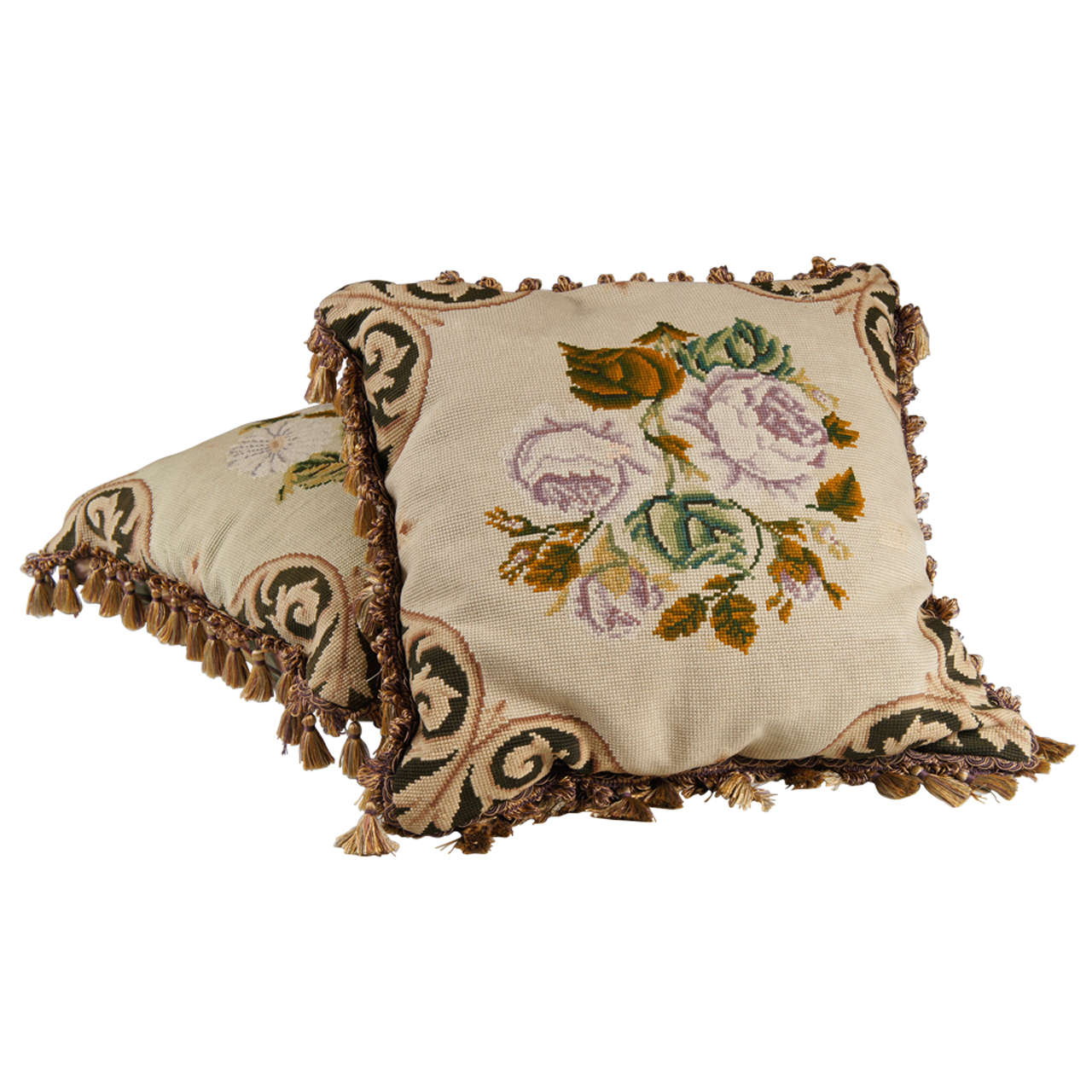 Pair of Floral Embroidered Needlepoint Pillows For Sale at 1stdibs