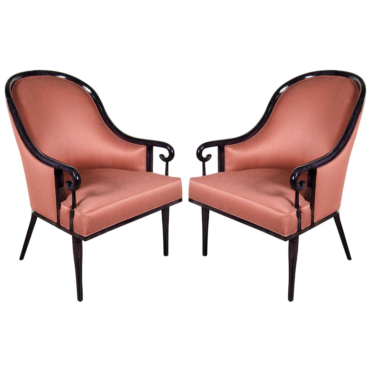Ultra Chic Pair of MidCentury Scroll Arm Chairs with Spoon Back design