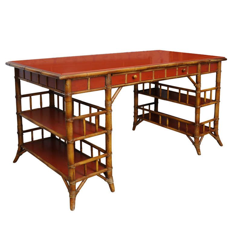Bamboo Desk with Red Lacquer Top Labeled Milling Road at 1stDibs milling road desk, bamboo