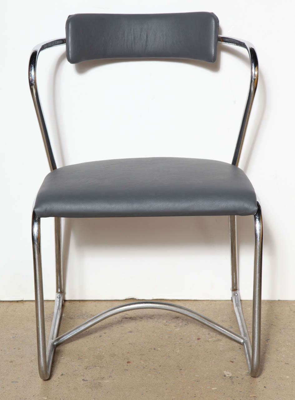 rare, early 1920s set of four Lloyd Loom Steel and Gray Leather Chairs