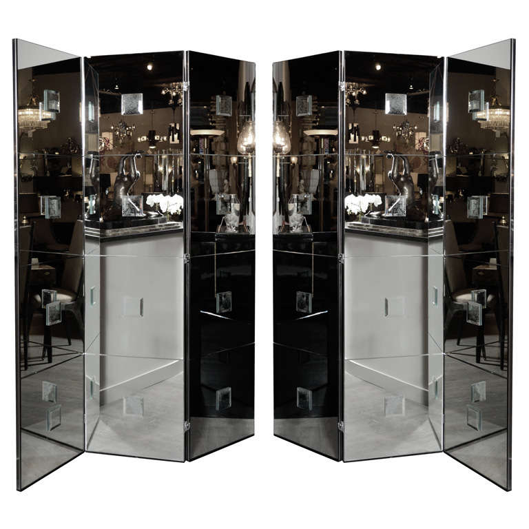 Pair Stunning of Three Paneled Mirrored Screens with Antique Mirror