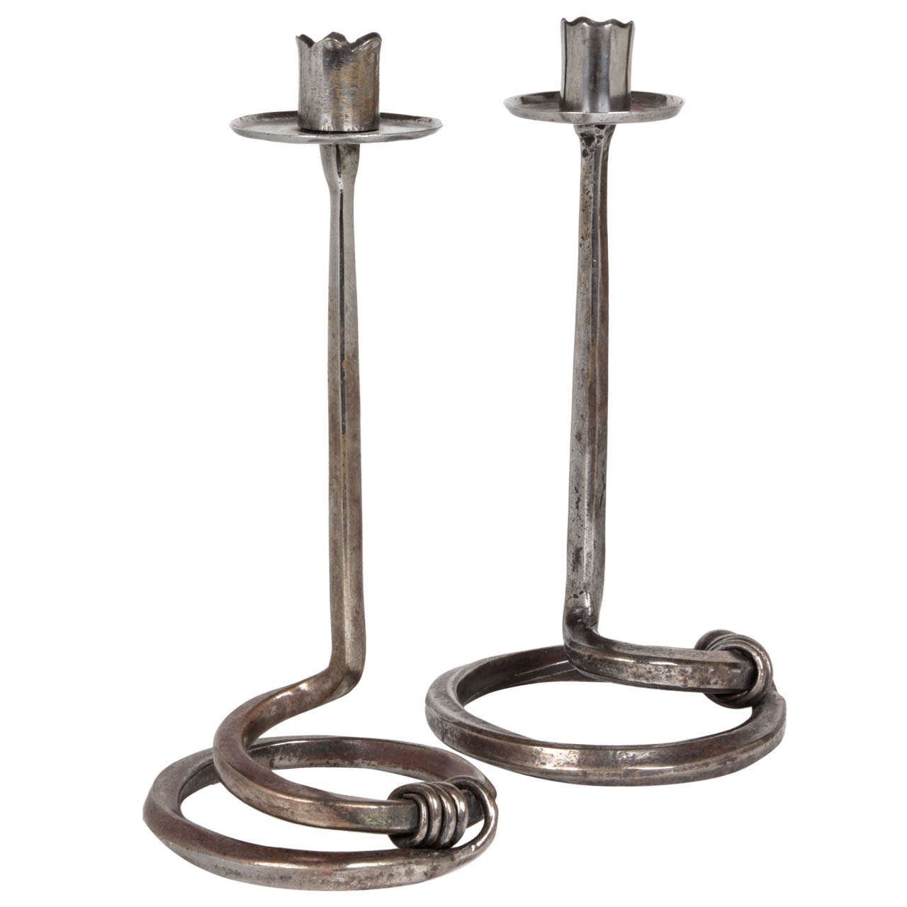 Edward Spencer British Arts and Crafts wrought iron candlesticks c