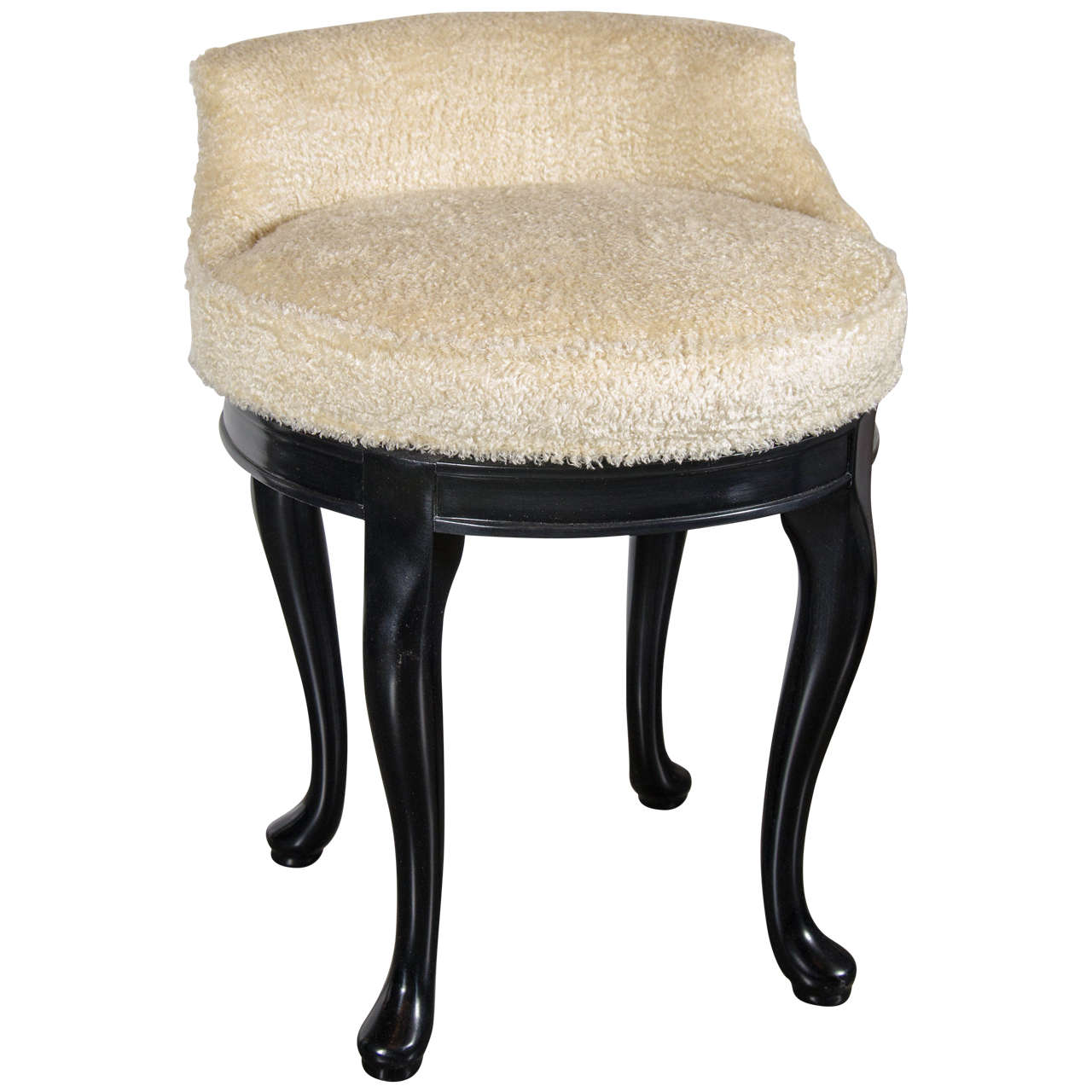1940s Hollywood Swivel Vanity Stool in Faux Lambs Wool and Ebonized