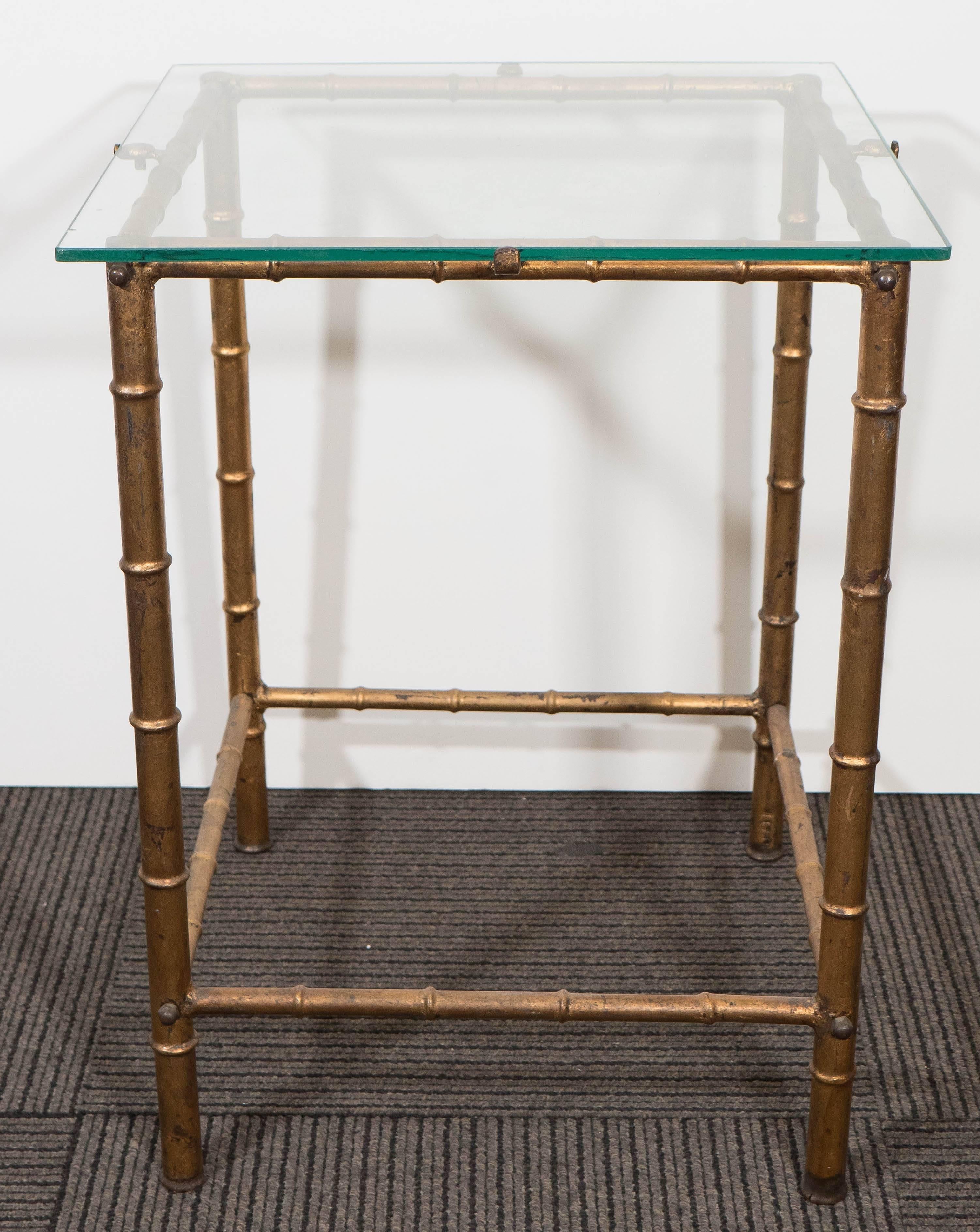 Midcentury Gold Leaf Bamboo Motif Side Table with Glass Top by LaBarge