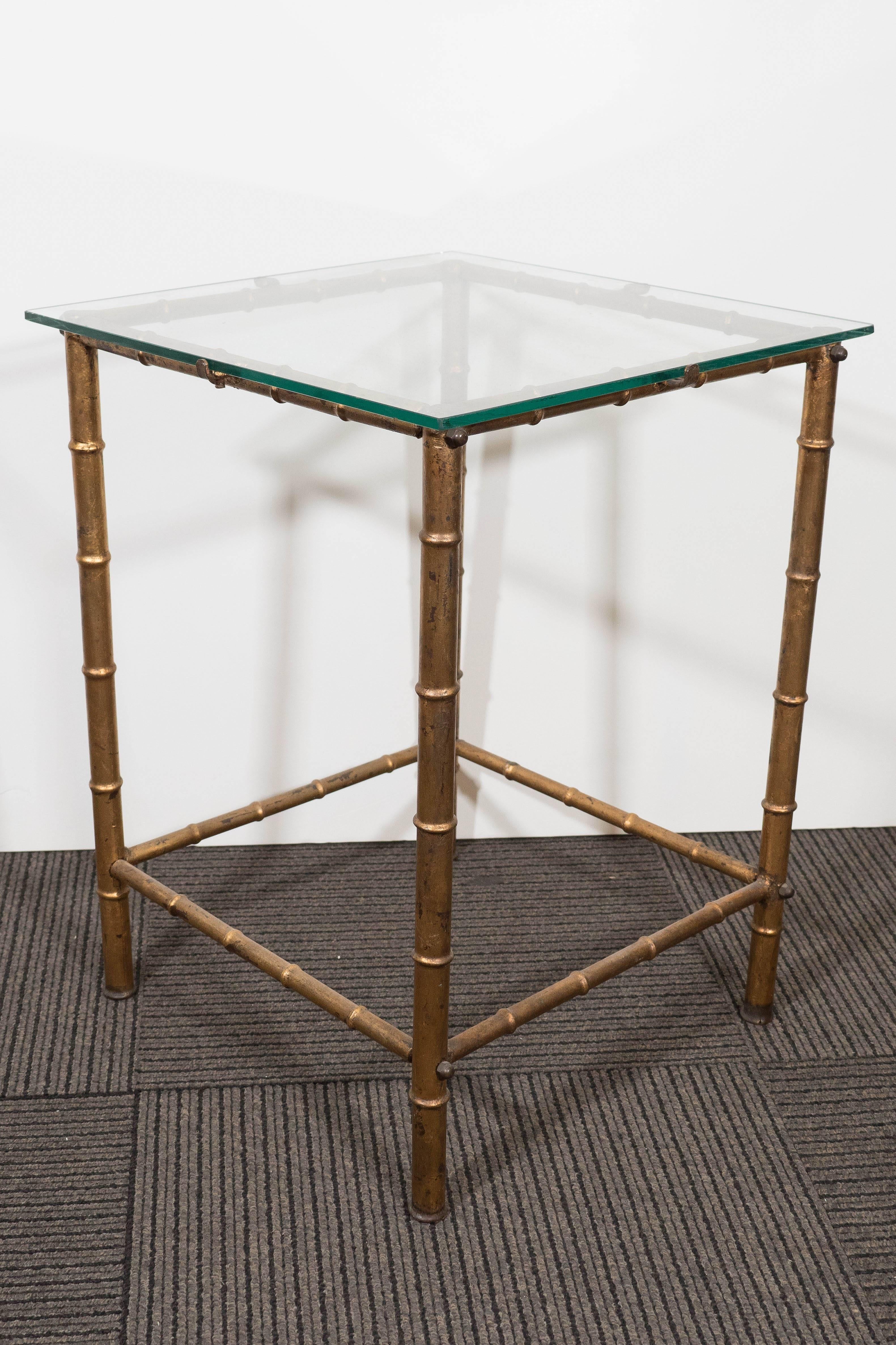 Midcentury Gold Leaf Bamboo Motif Side Table with Glass Top by LaBarge