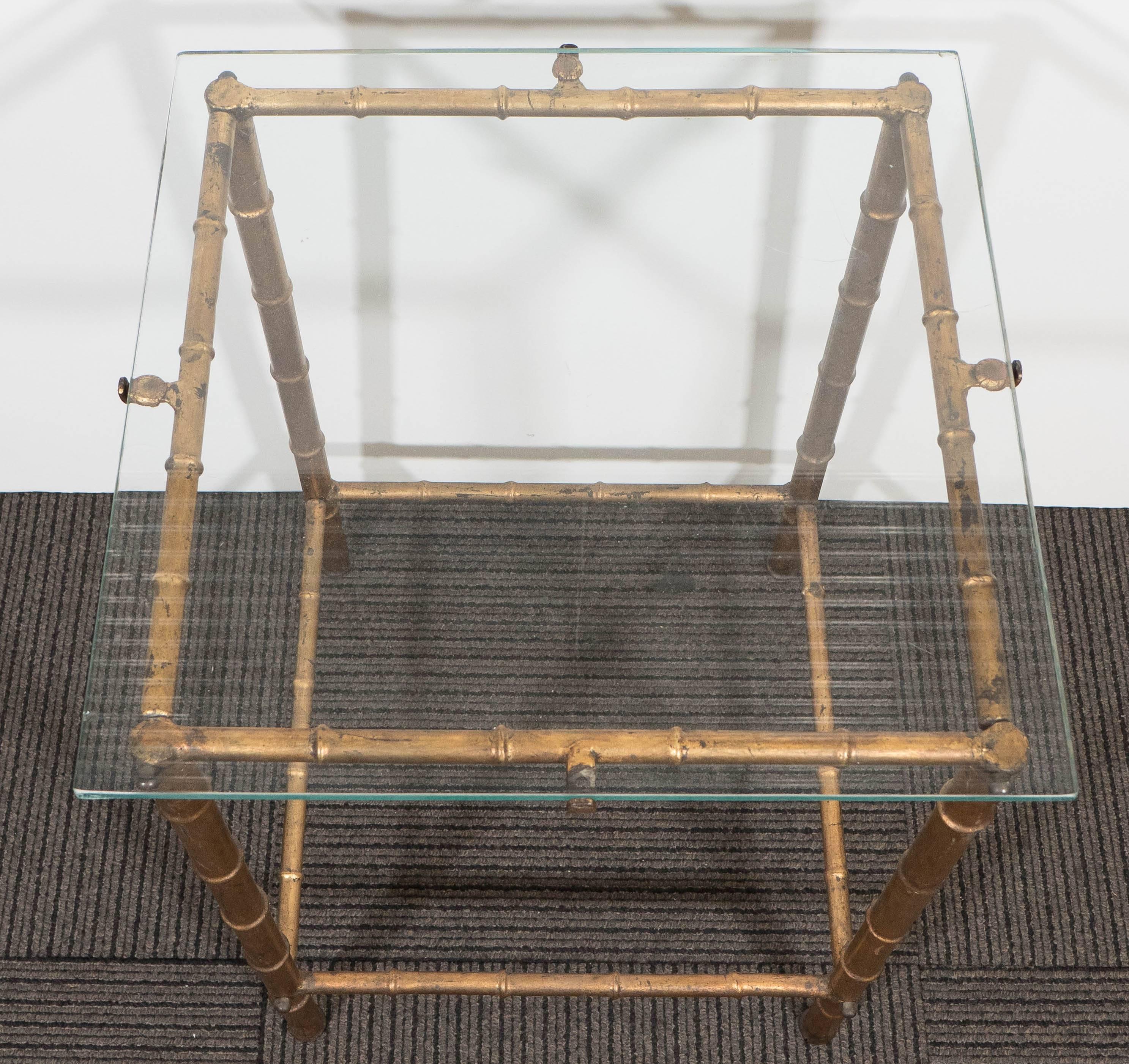 Midcentury Gold Leaf Bamboo Motif Side Table with Glass Top by LaBarge