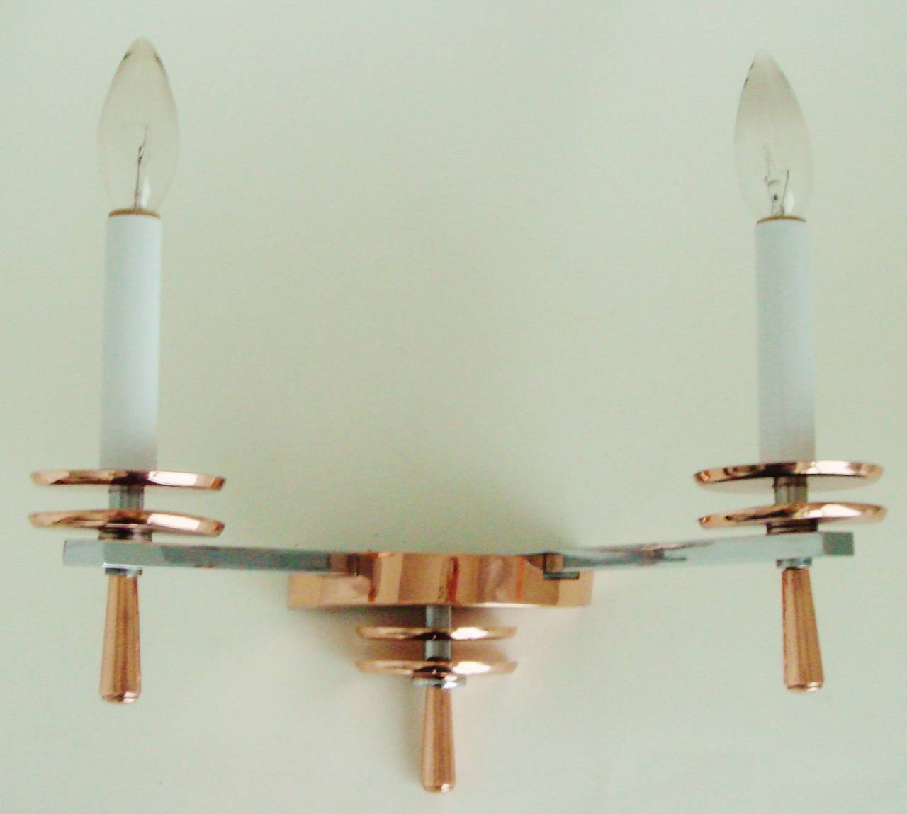 Pair of French Art Deco Chrome and Copper Twin Faux Candle Wall Sconces