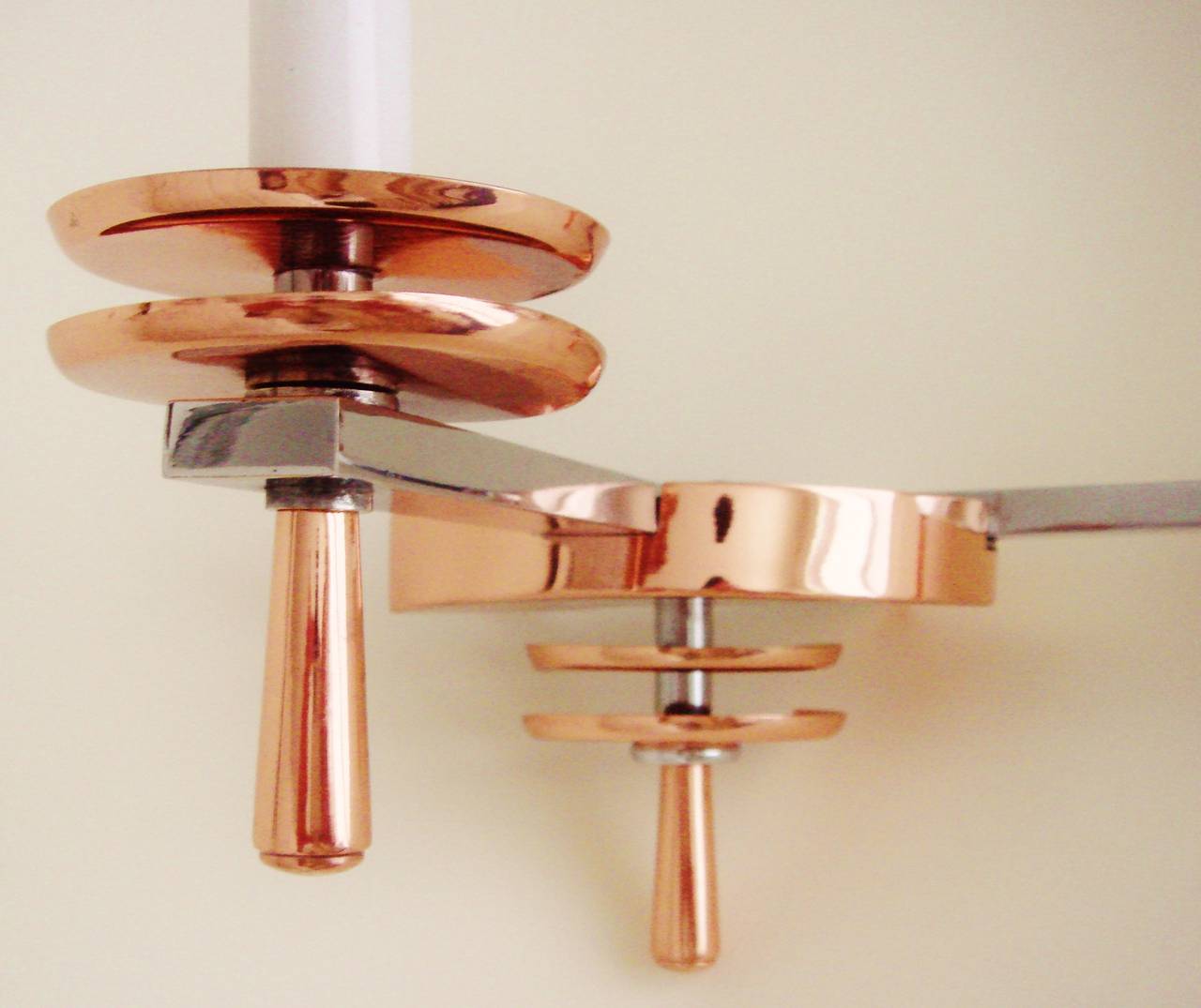Pair of French Art Deco Chrome and Copper Twin Faux Candle Wall Sconces