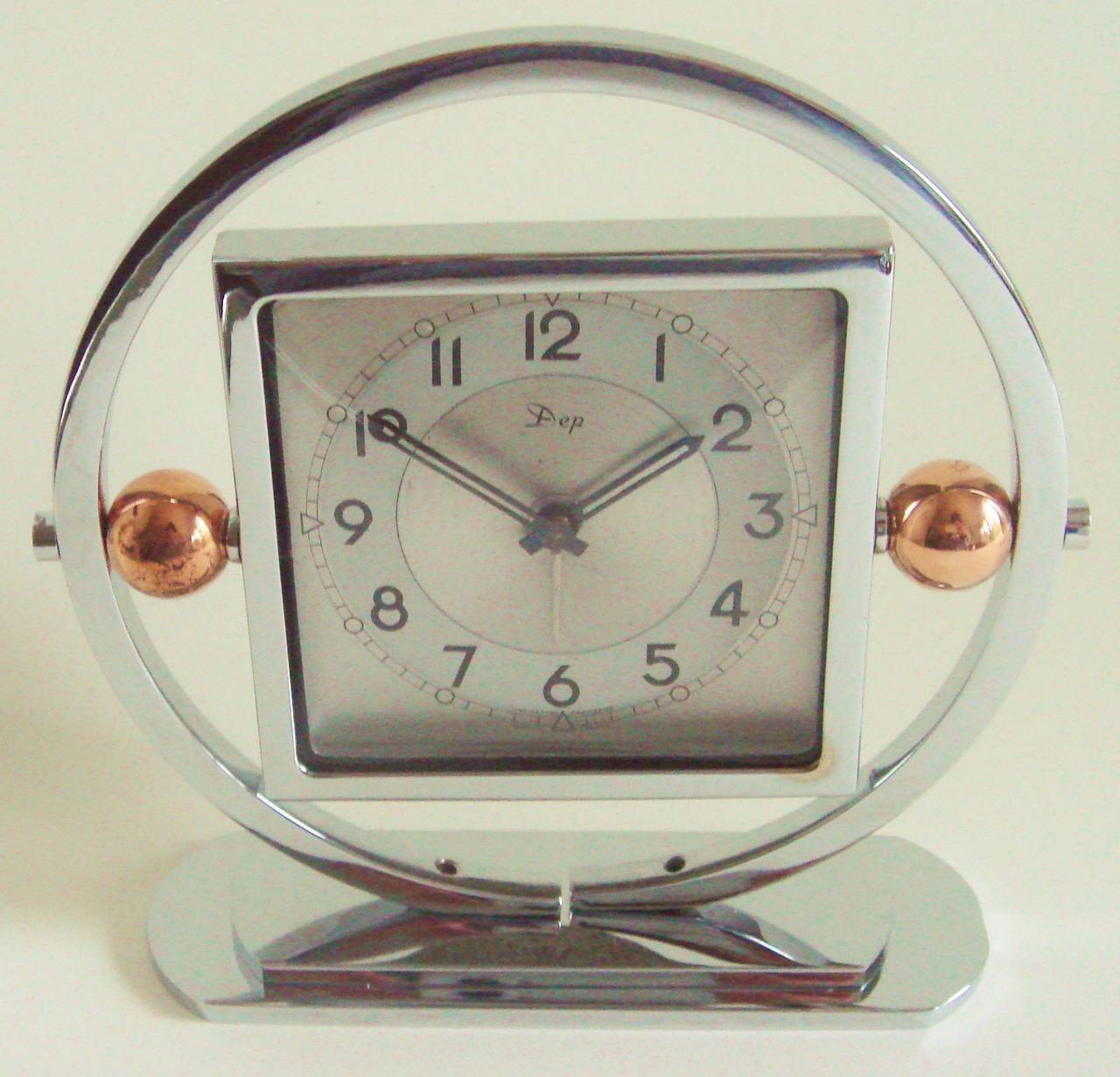 French Art Deco Chrome and Copper Mechanical Tilt Alarm Clock by DEP