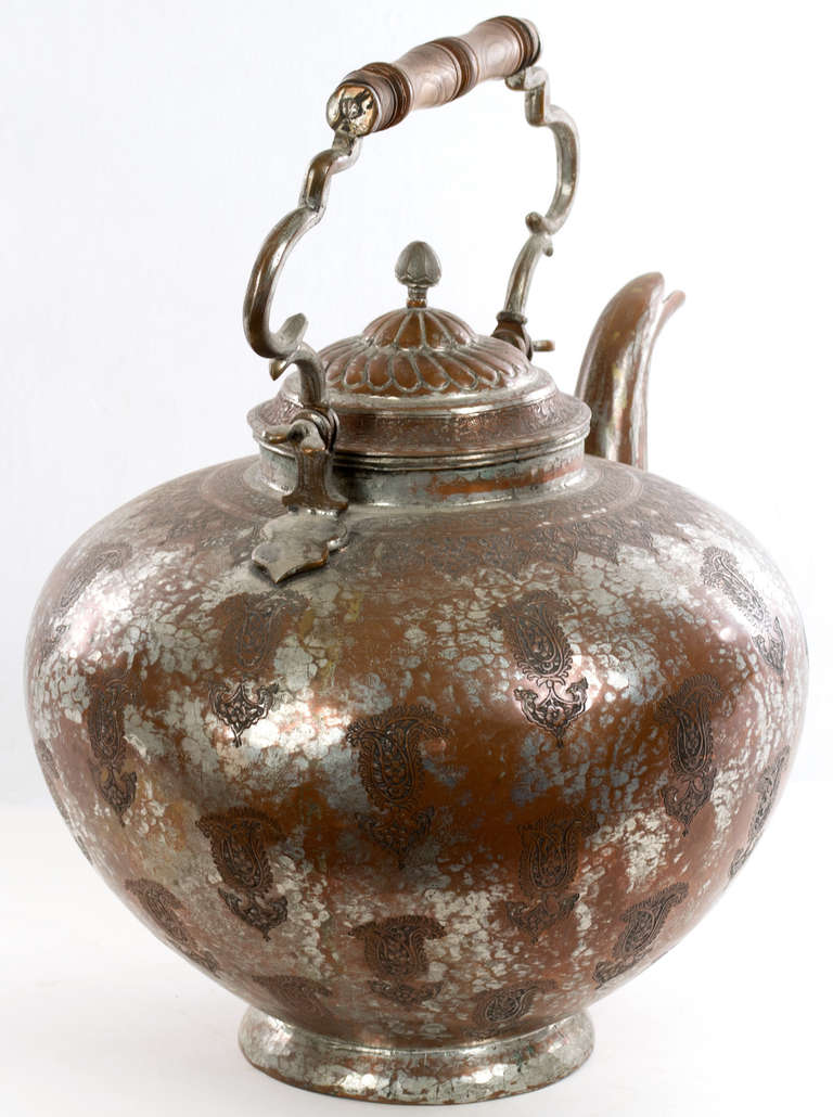 Large Indian Silver over Copper Hammered Kettle at 1stDibs