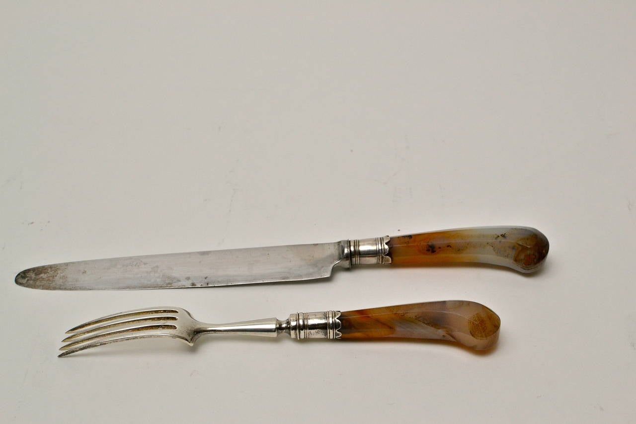 English Set of 18 Agate Handled Knives and Forks Together with Six
