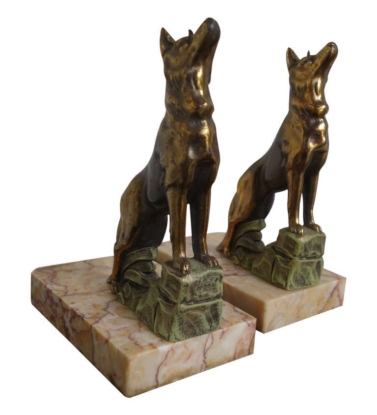 German Shepherd Bookends Art Deco Gilt Spelter and Marble For Sale at