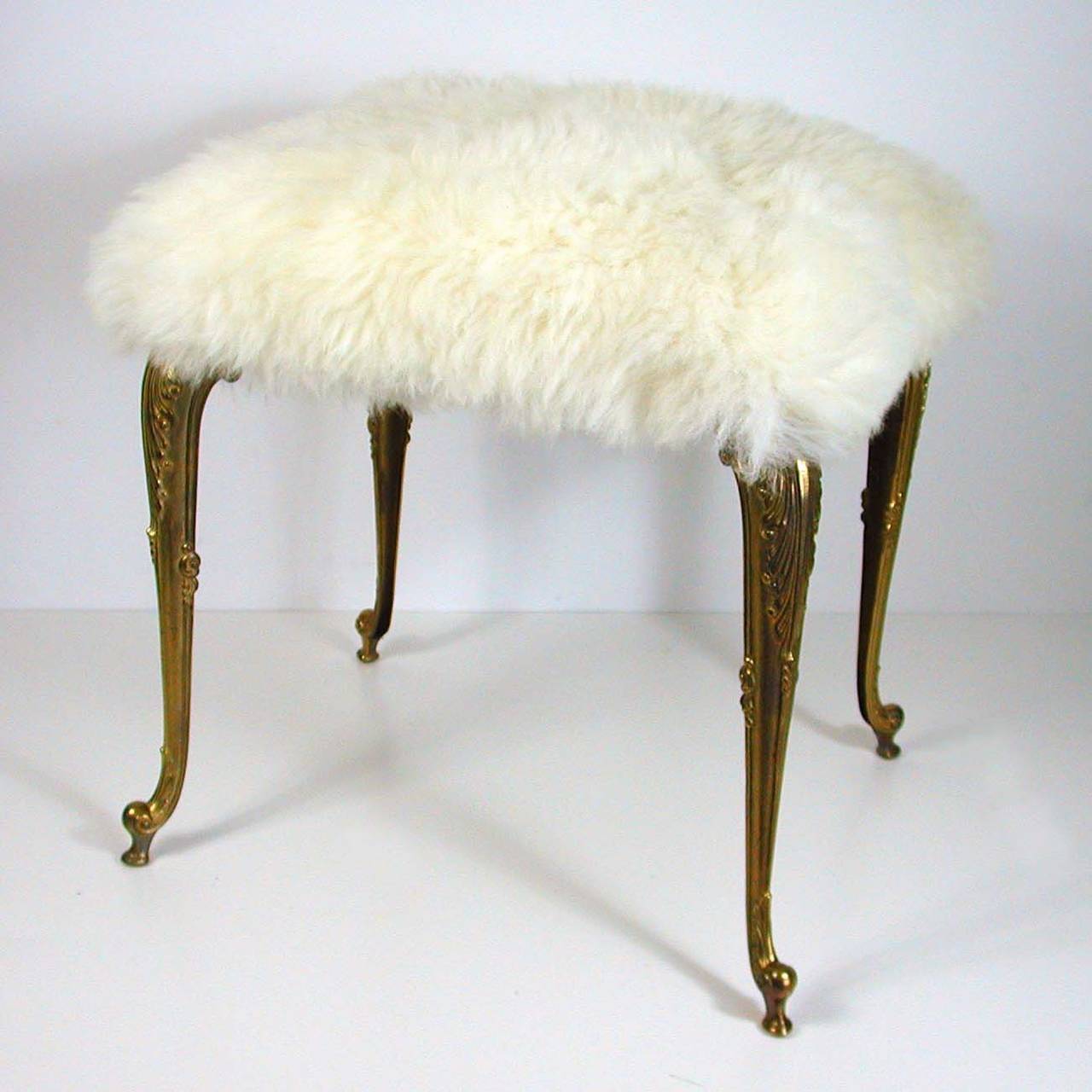 Hollywood Regency Upholstered Fur Sheep Bronze Vanity Stool Chair, 1960s at 1stDibs