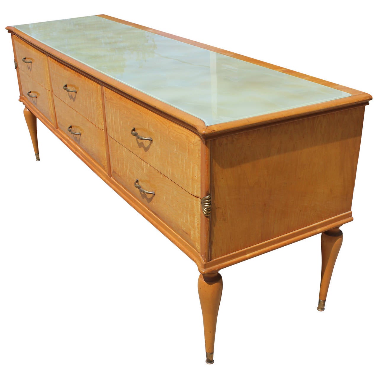 MidCentury Modern Italian Blonde Burl Wood Vanity Dresser with Mirror