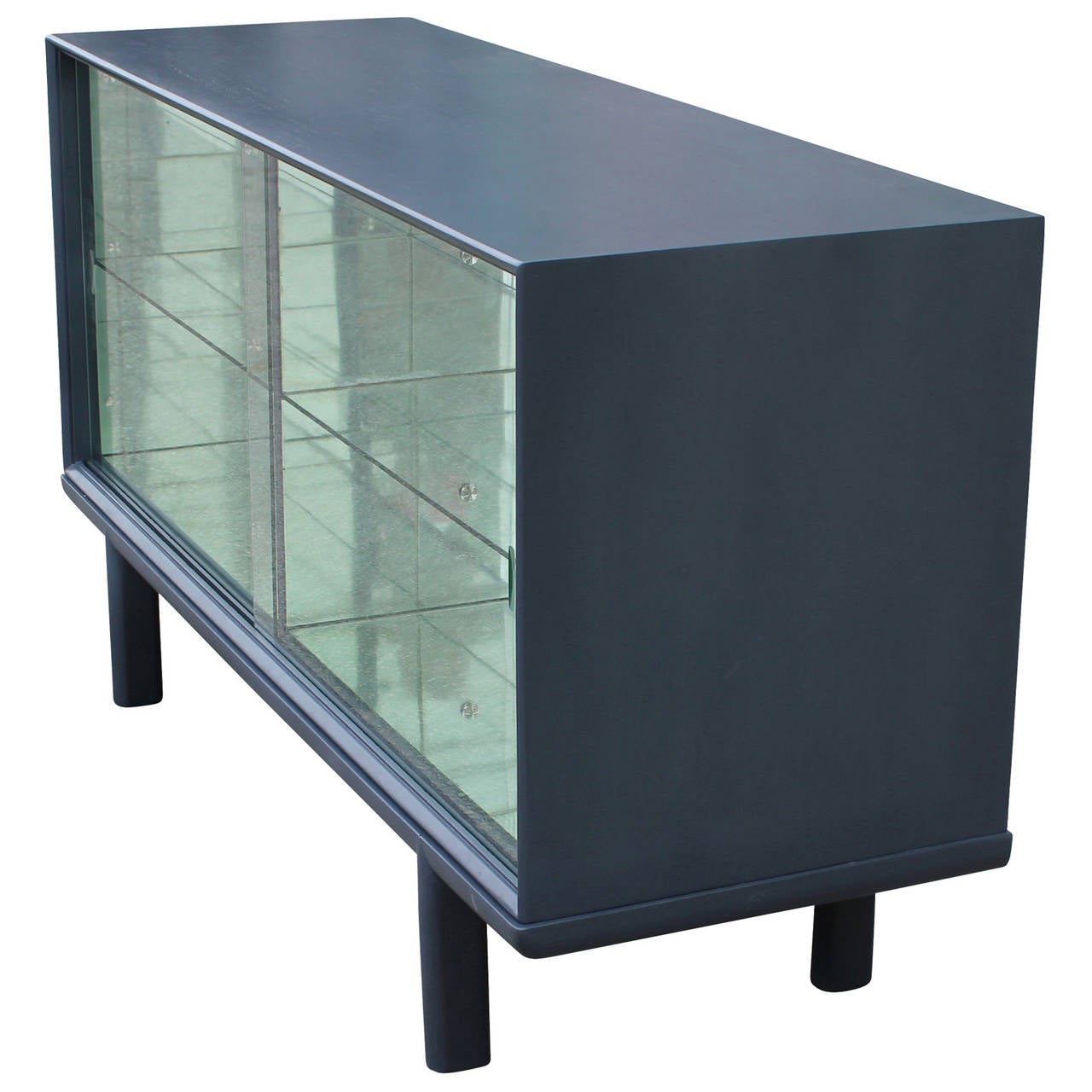 Sleek Grey Mirrored Sideboard or Display with Glass Sliding Doors at 1stdibs
