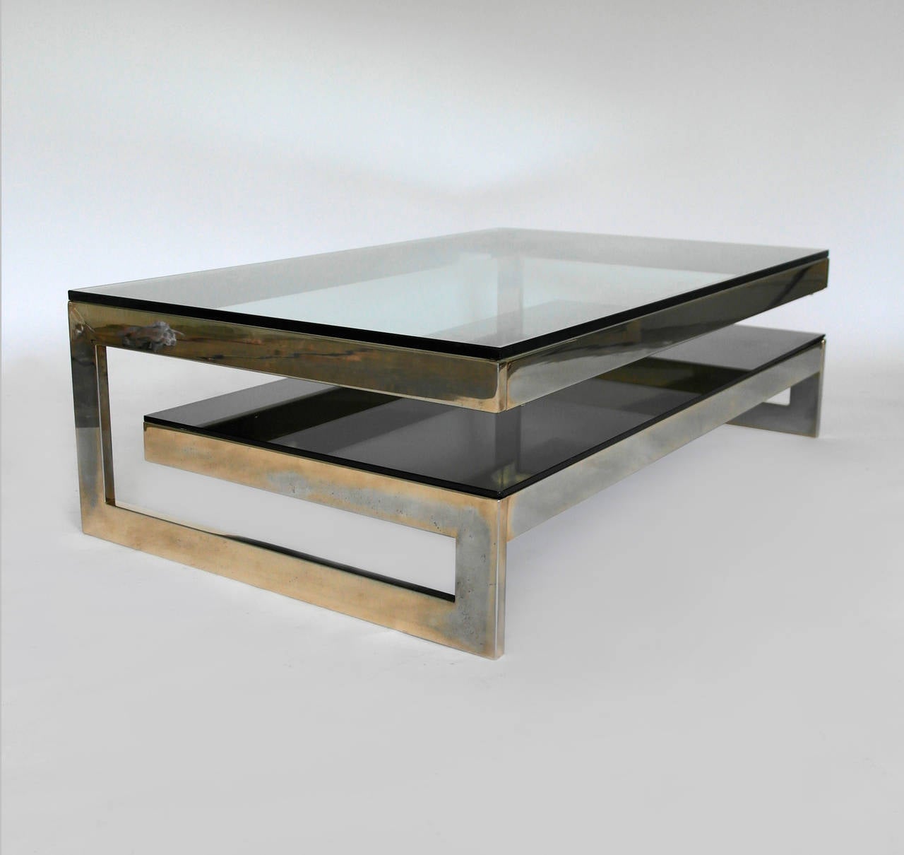 Cantilevered Gold and Smokey Glass G Coffee Table Mid Century at 1stDibs