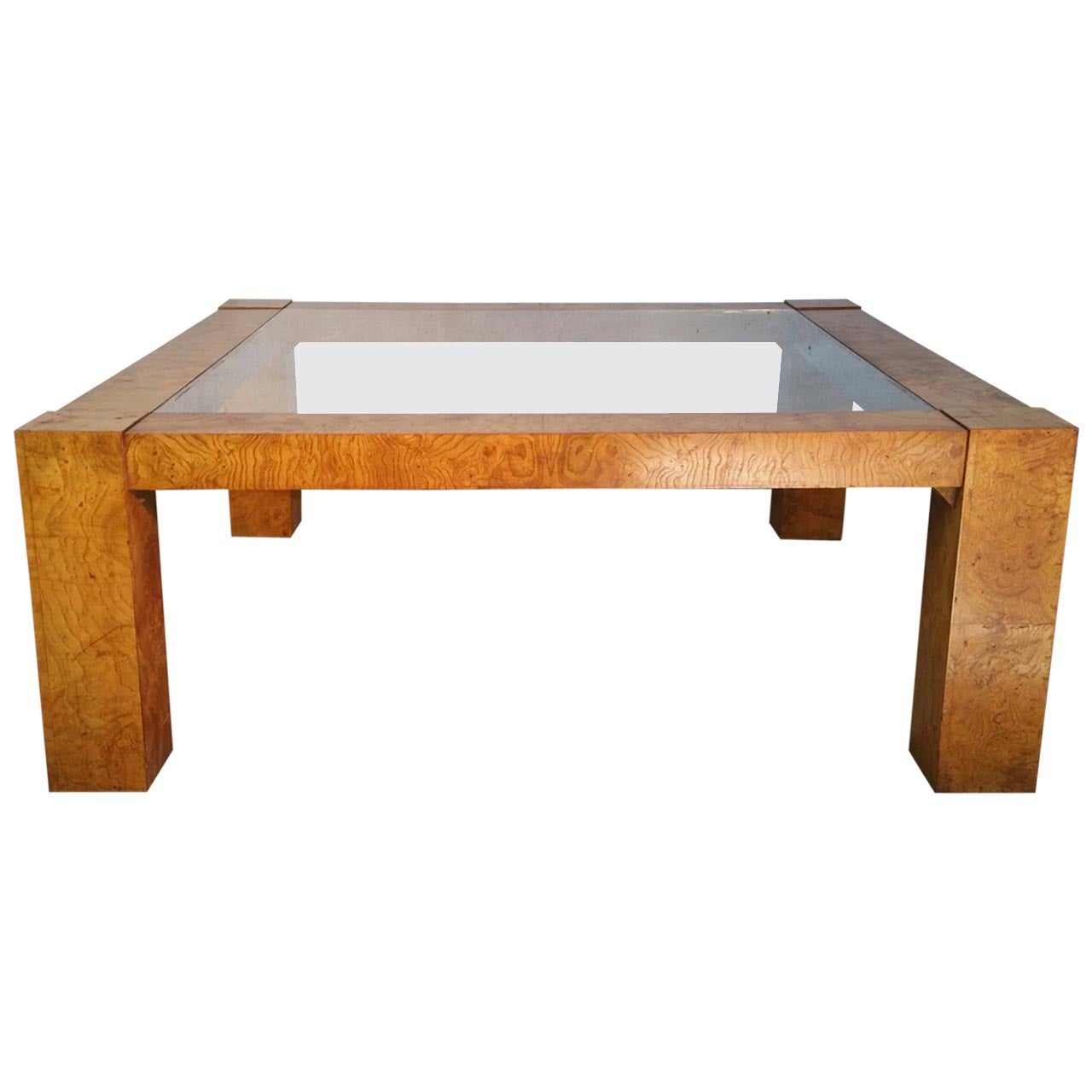 Milo Baughman Burl Wood Coffee Table with Plinth Base at 1stDibs