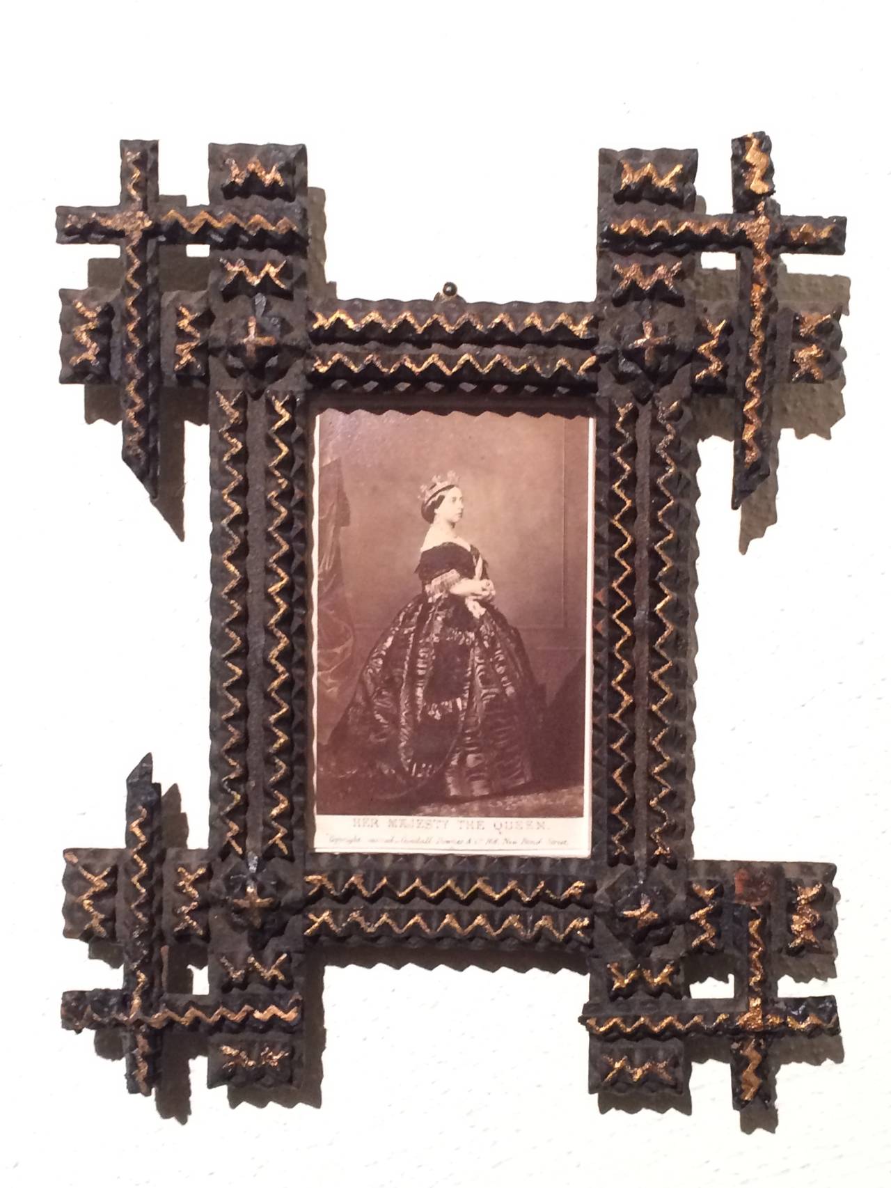 Pair of Tramp Art Frames with Sepia Photographs For Sale