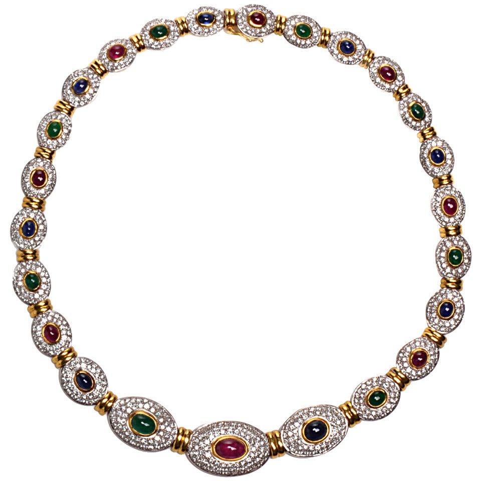 Ruby Sapphire Emerald Diamond Gold Necklace at 1stDibs
