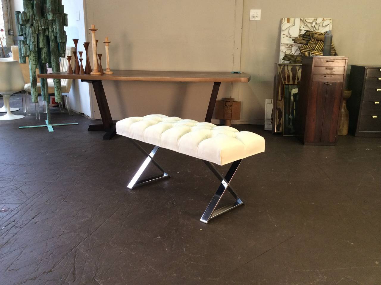 XBase Chrome Bench in White Velvet by Milo Baughman for Thayer Coggin