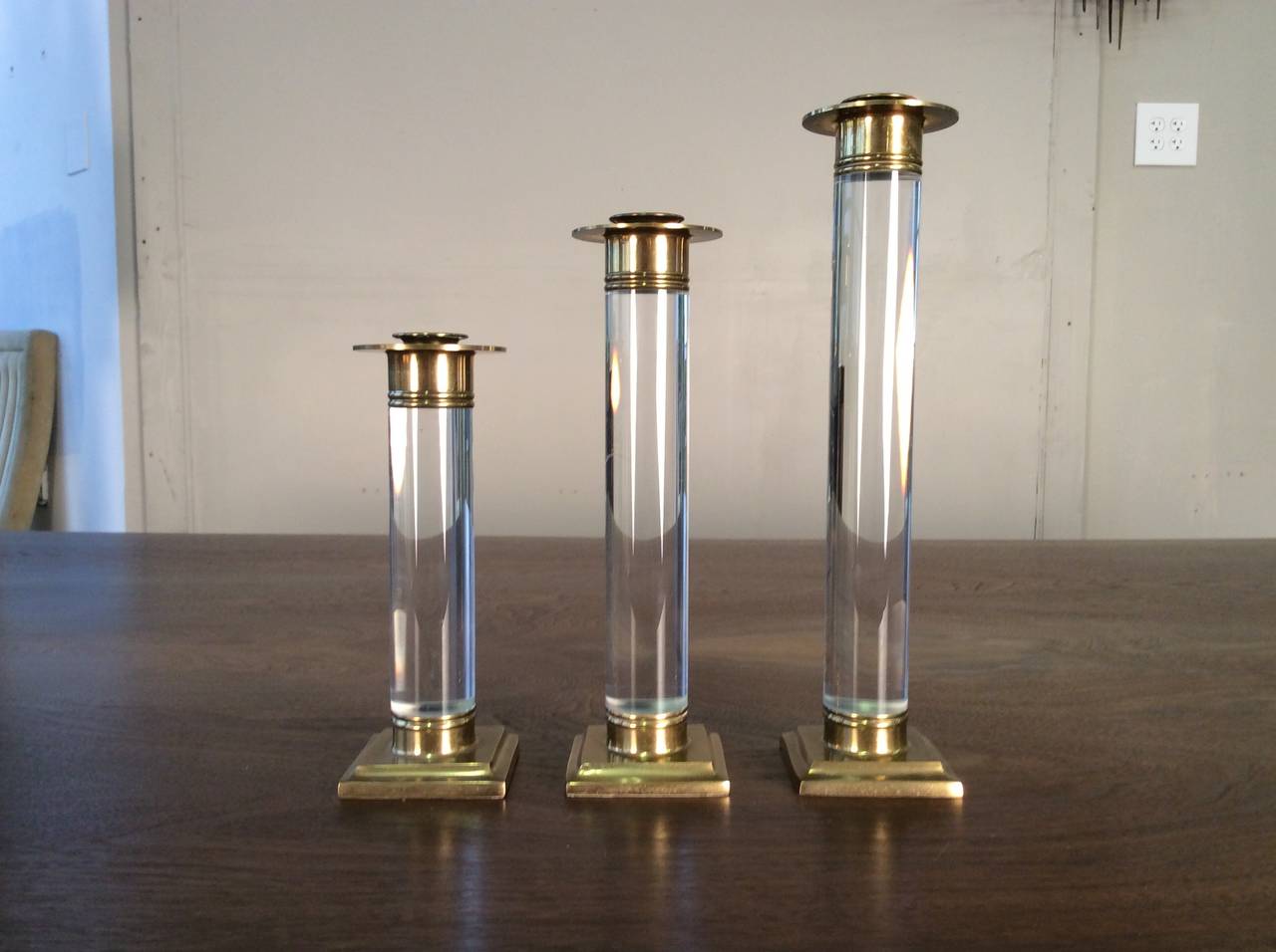 Trio of Lucite and Brass Candlestick Holders in the Style of Karl