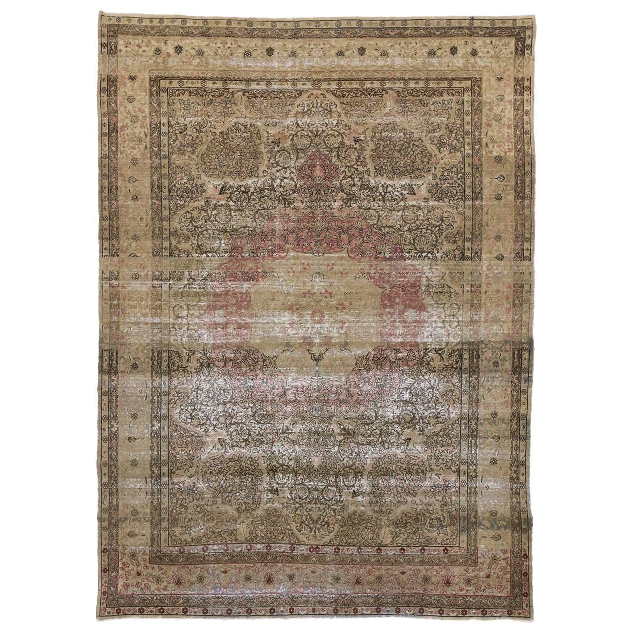 Distressed Antique Persian Kermanshah Area Rug with Romantic Industrial