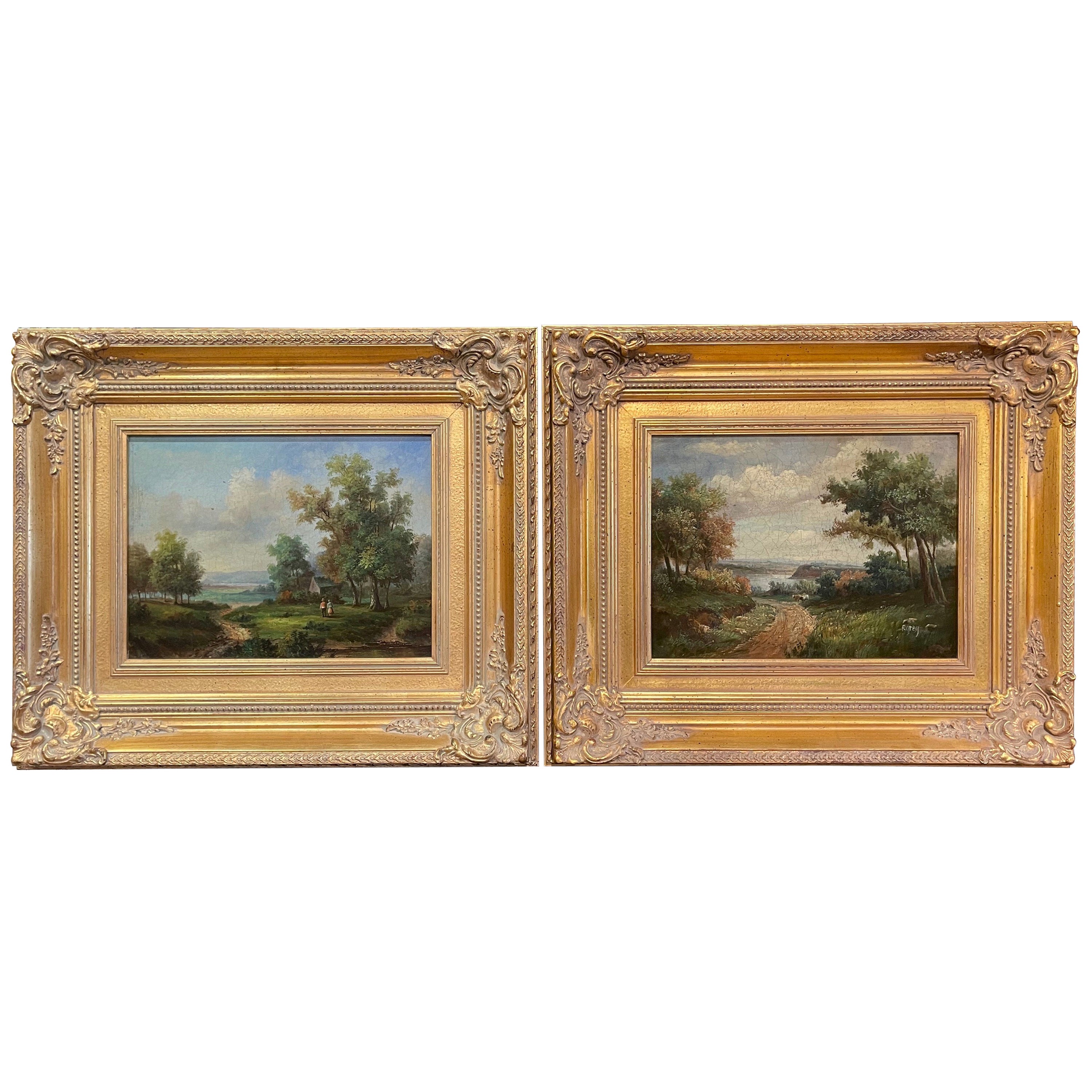 Pair of 19th Century Oil on Canvas Pastoral Paintings in Carved Gilt