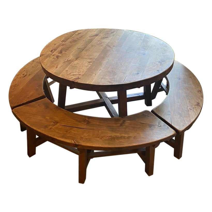 Round Dining Table with Four Benches, France, 1950's at 1stDibs table