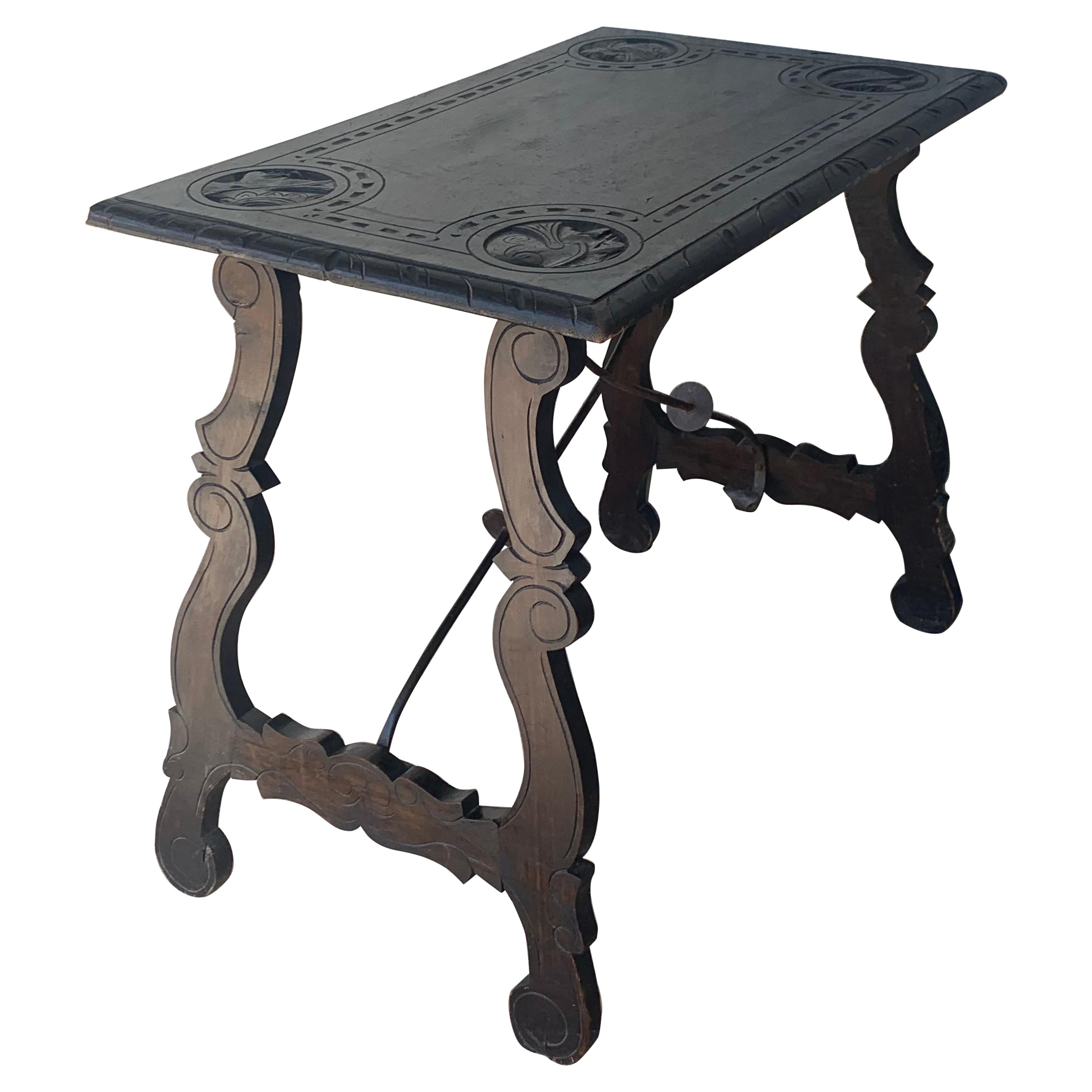 19th Century Spanish Side Table with Hand Carved Lyre Leg and Iron