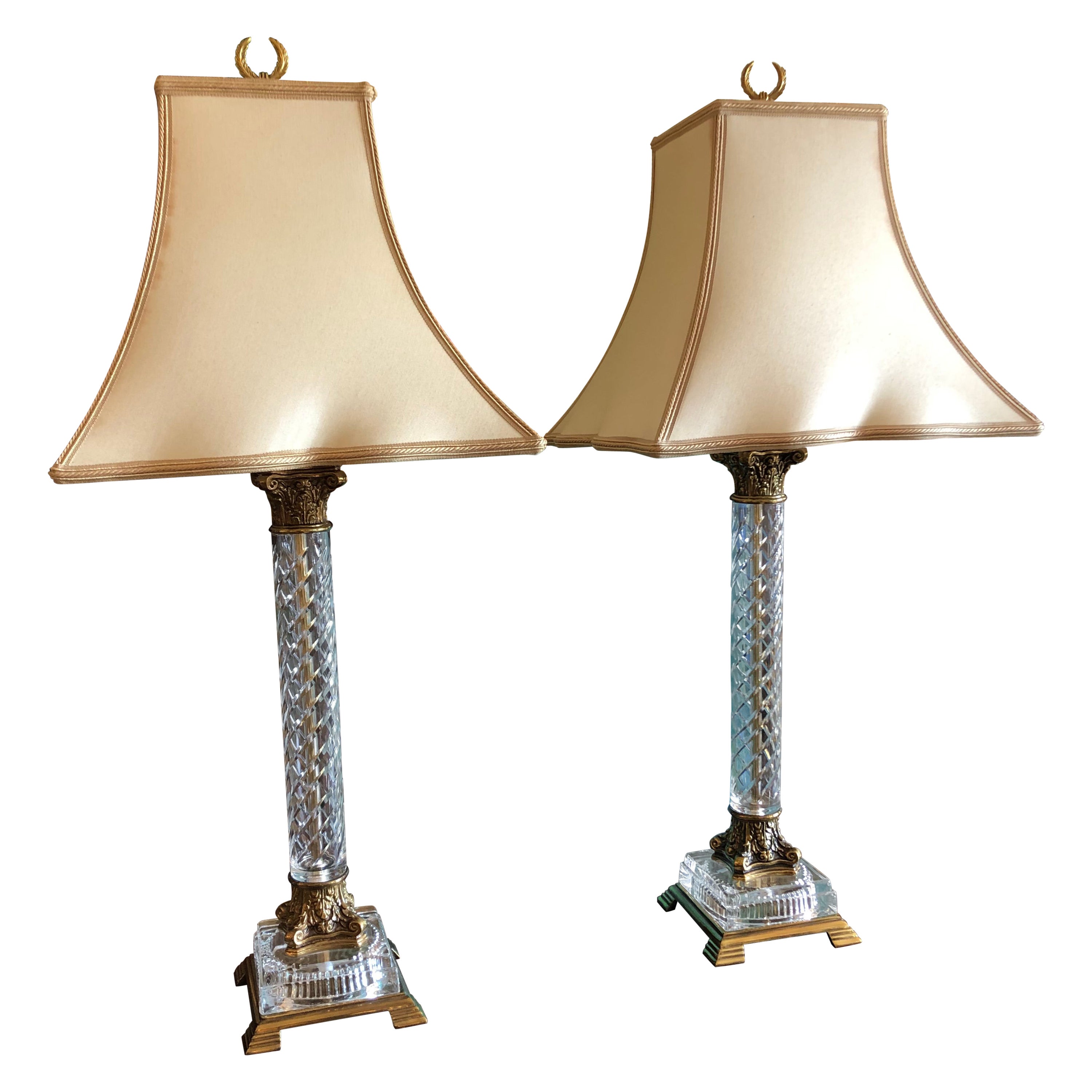 Pair of Crystal and Brass Corinthian Column Table Lamps Vaughan Design