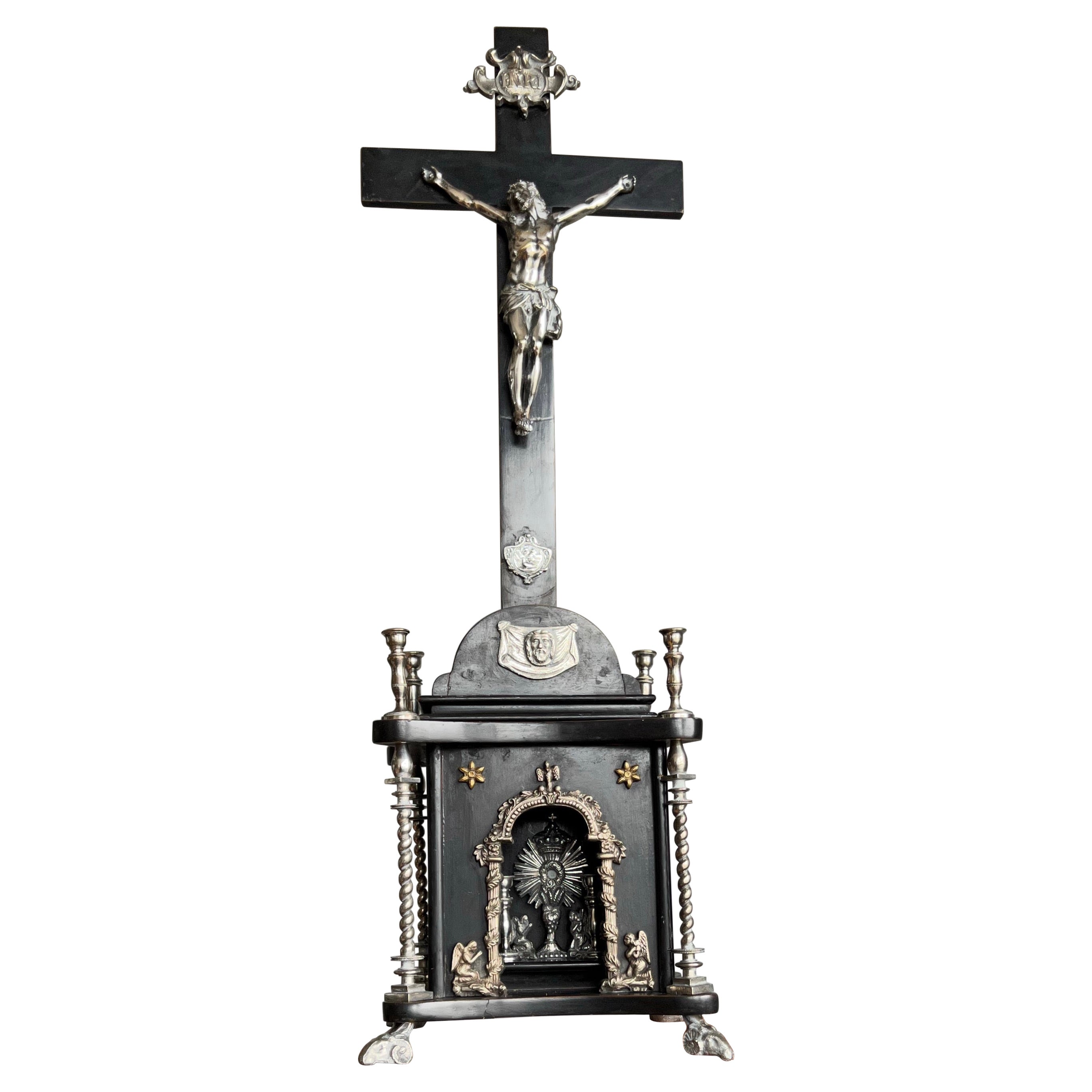 Antique Gothic Revival Crucifix w. Bronze Corpus and Enamelled