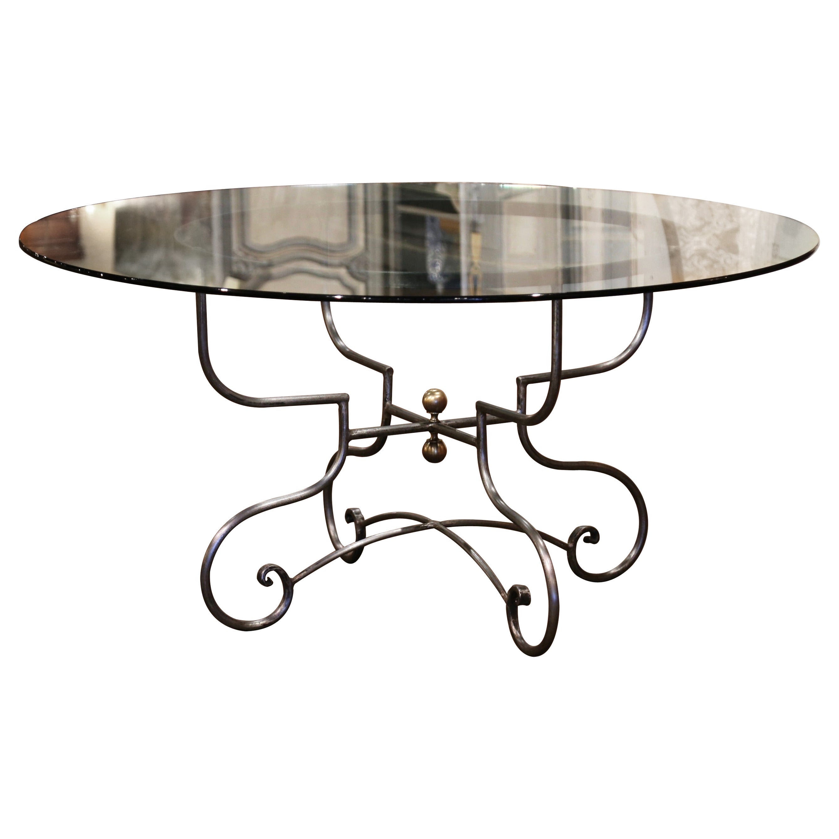 French Painted and Gilt Wrought Iron Base Table with Glass Top, circa