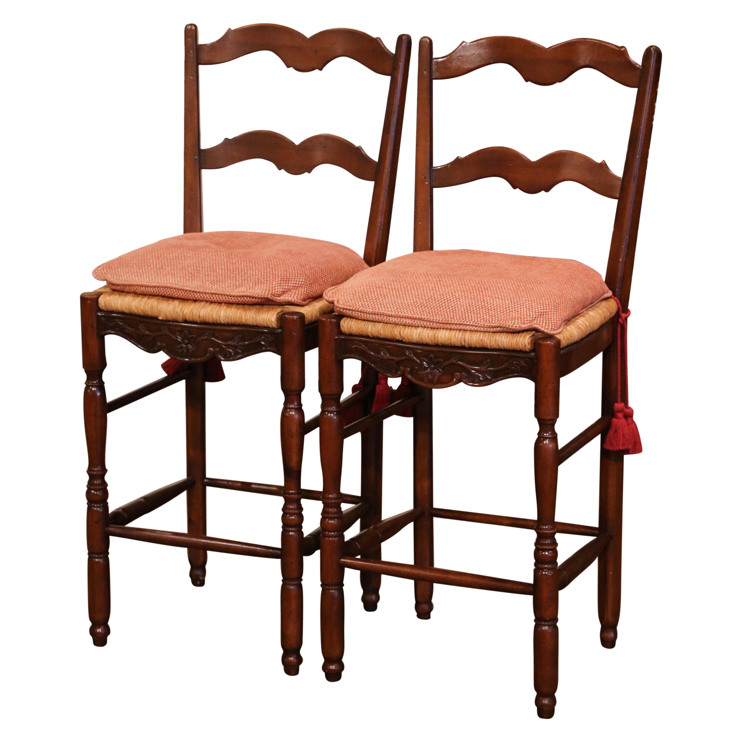 Pair of Country French Carved Ladder Back Bar Stools with Rush Seat at