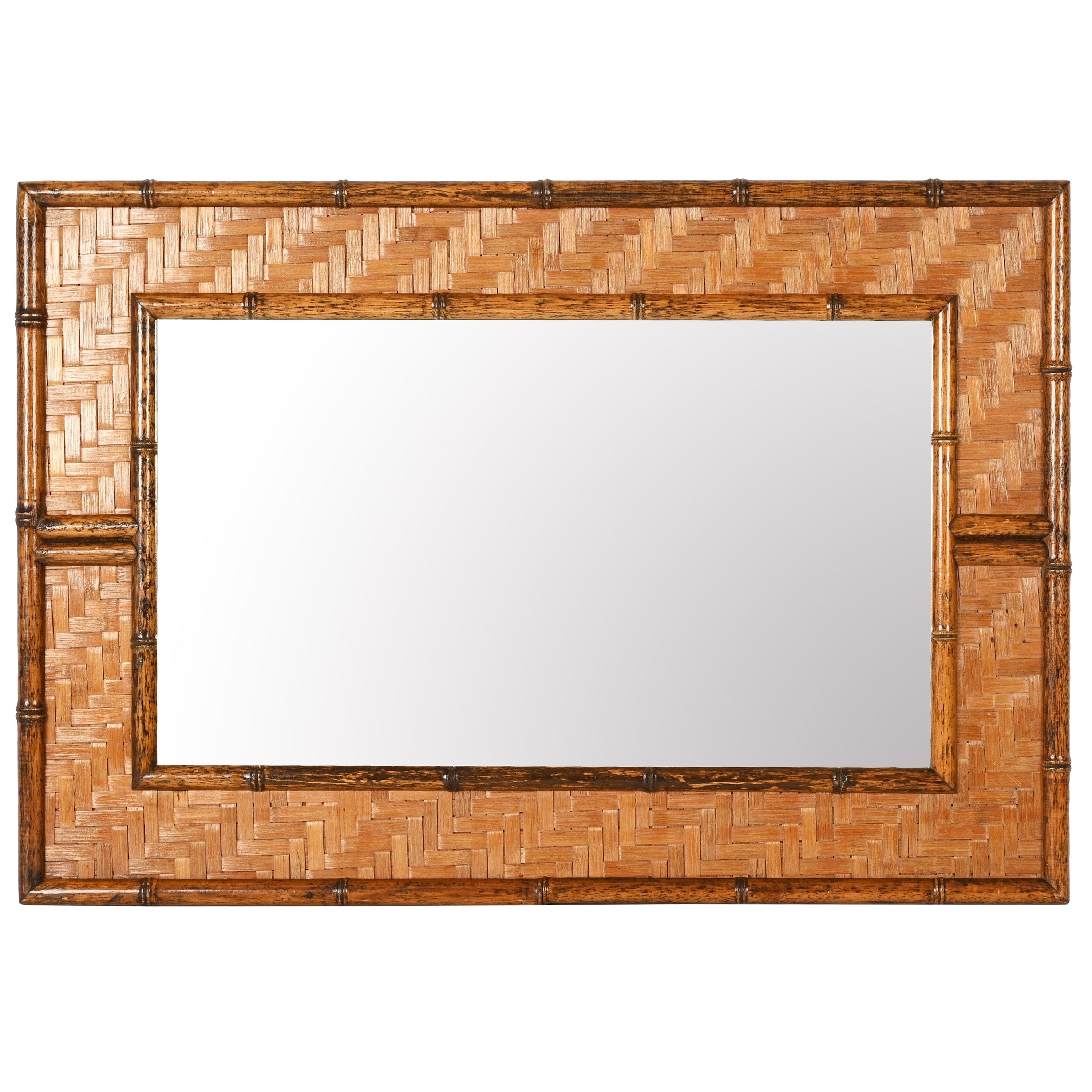 Midcentury Rectangular Italian Mirror with Bamboo Wicker Woven Frame