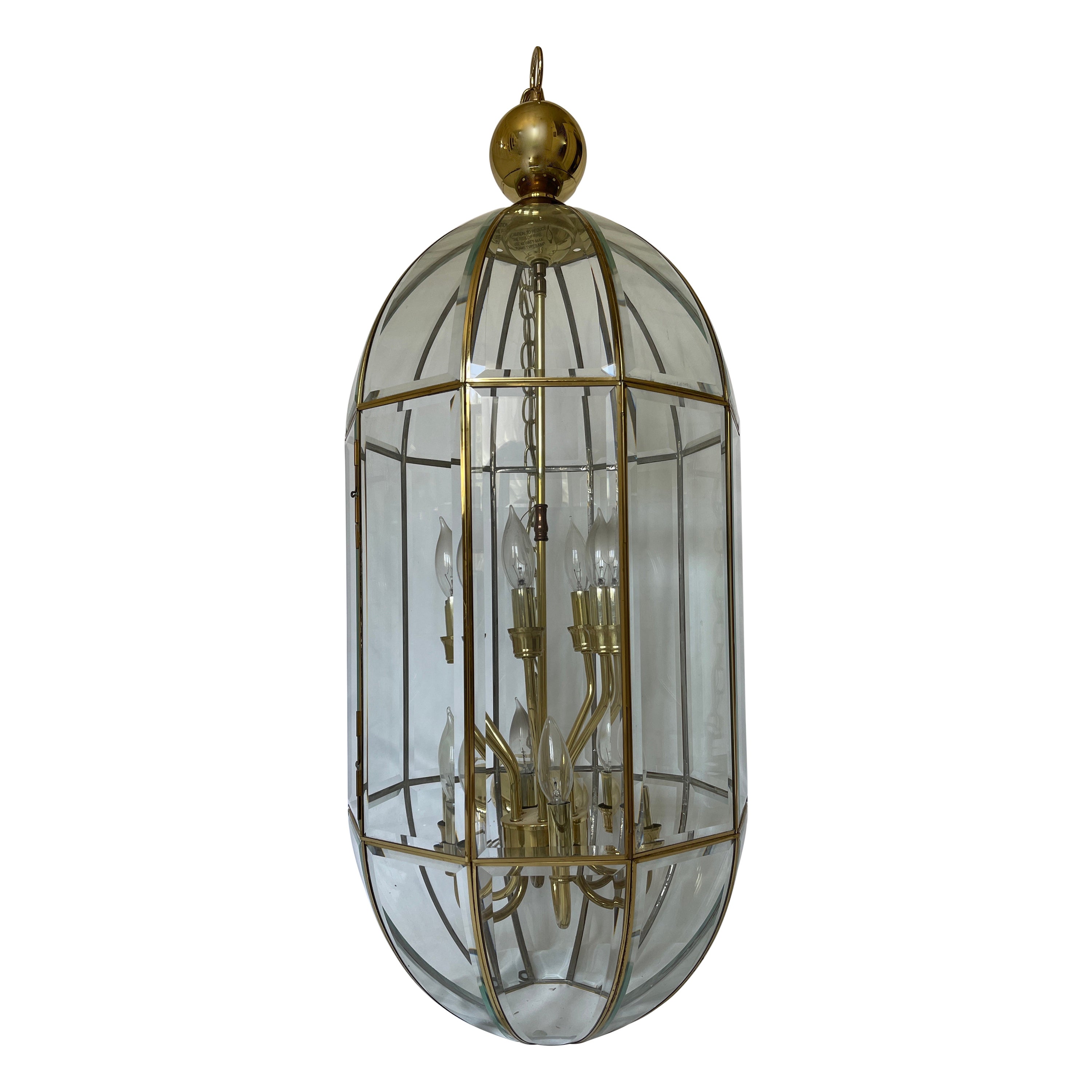 1980's Monumental Brass Bound Beveled Glass Panel Lantern Chandelier at